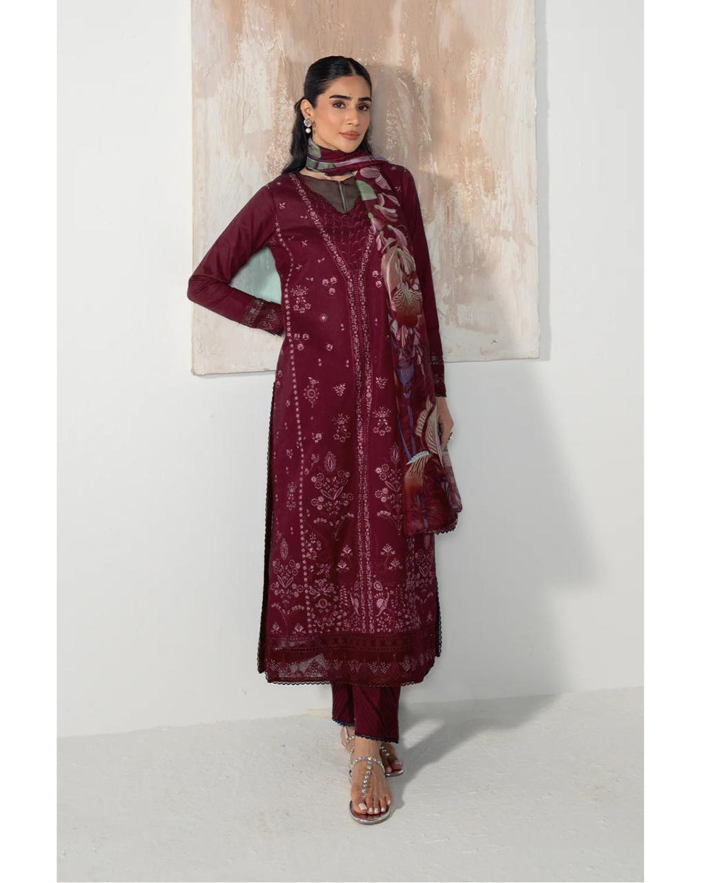 3 Piece - Dhanak Embroidered Suit with Digital Printed Wool Shawl (Unstitched)