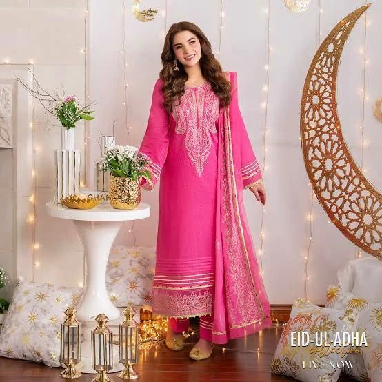 3 Piece - Nishat Dhanak Embroidered Suit with Embroidered Dhanak Shawl (Unstitched)