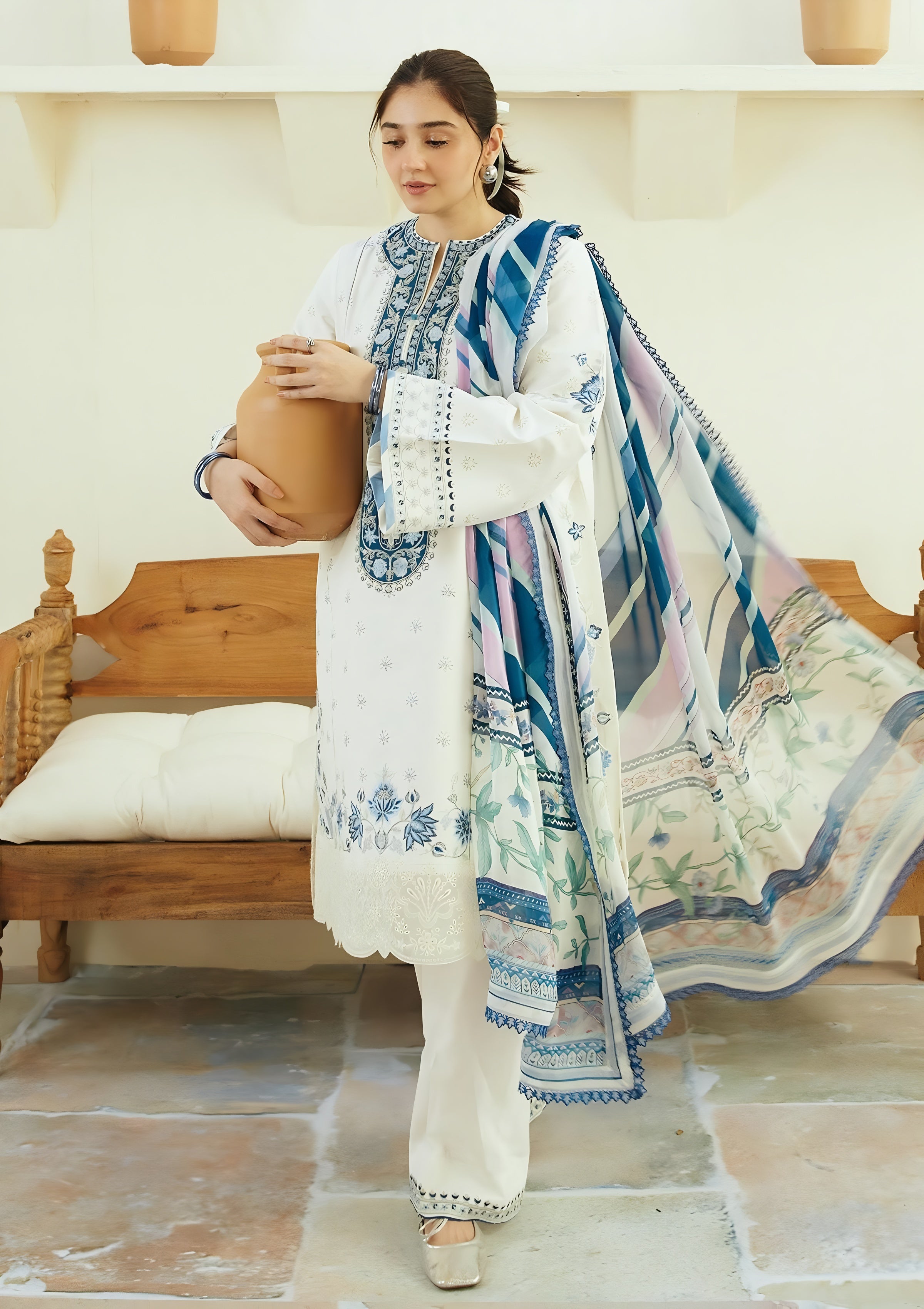 3 Piece - Zara Shahjahan Lawn Embroidered Suit with Tarkashi Monark Duppatta (Unstitched)