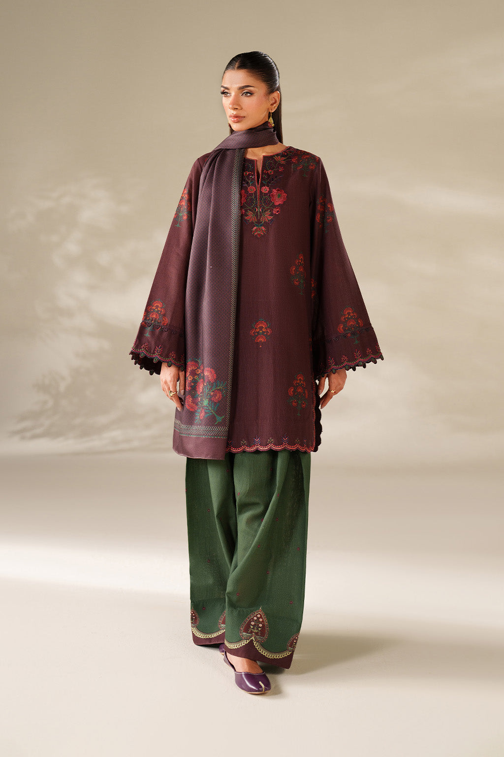 3 Piece - Dhanak Embroidered Suit with Digital Printed Dhanak Shawl (Unstitched)