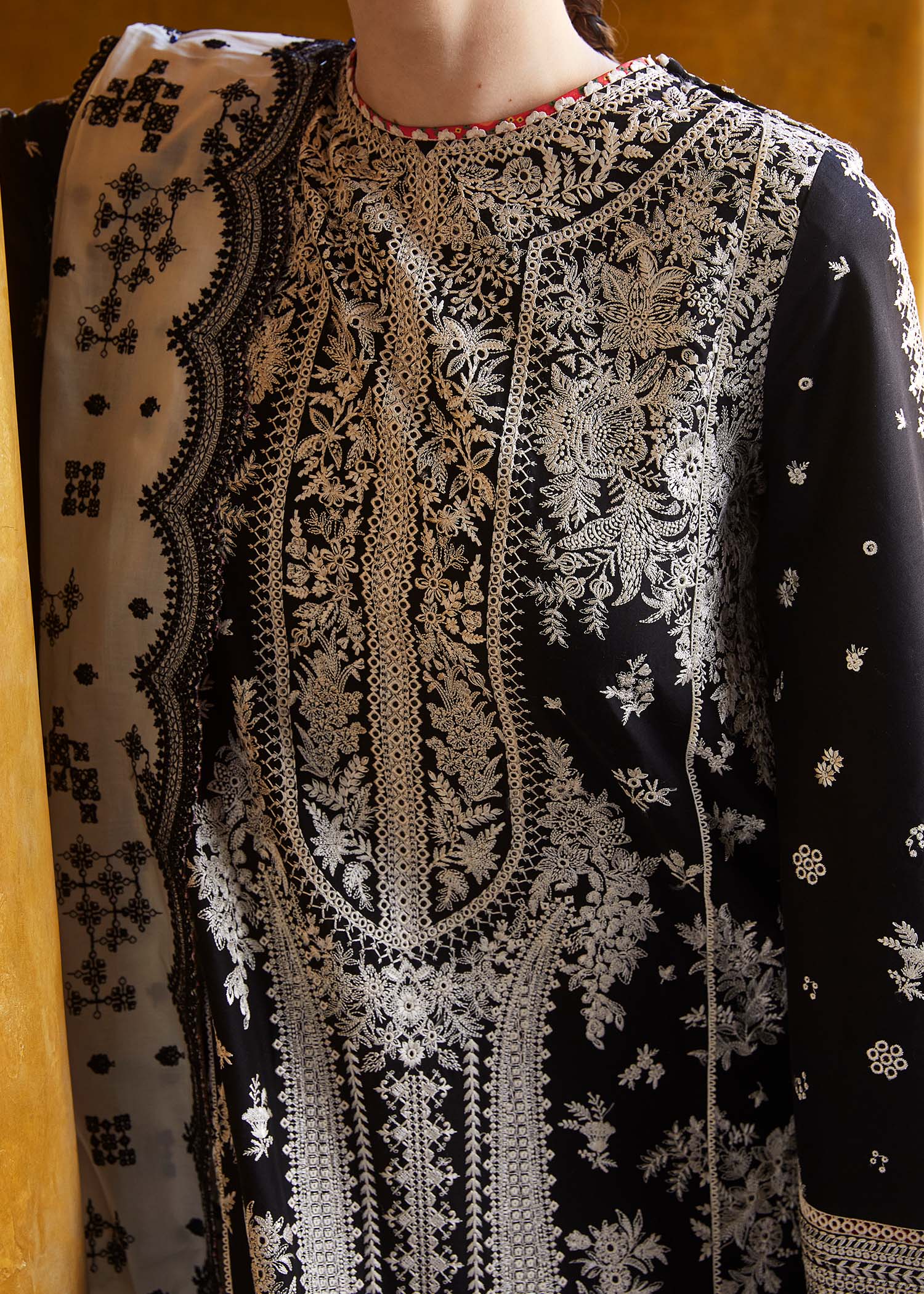 3 Piece - Hussain Rehar Dhanak Full Heavy Embroidered Suit with Khaadi Net Cut Work Embroidered Dupatta (Unstitched)
