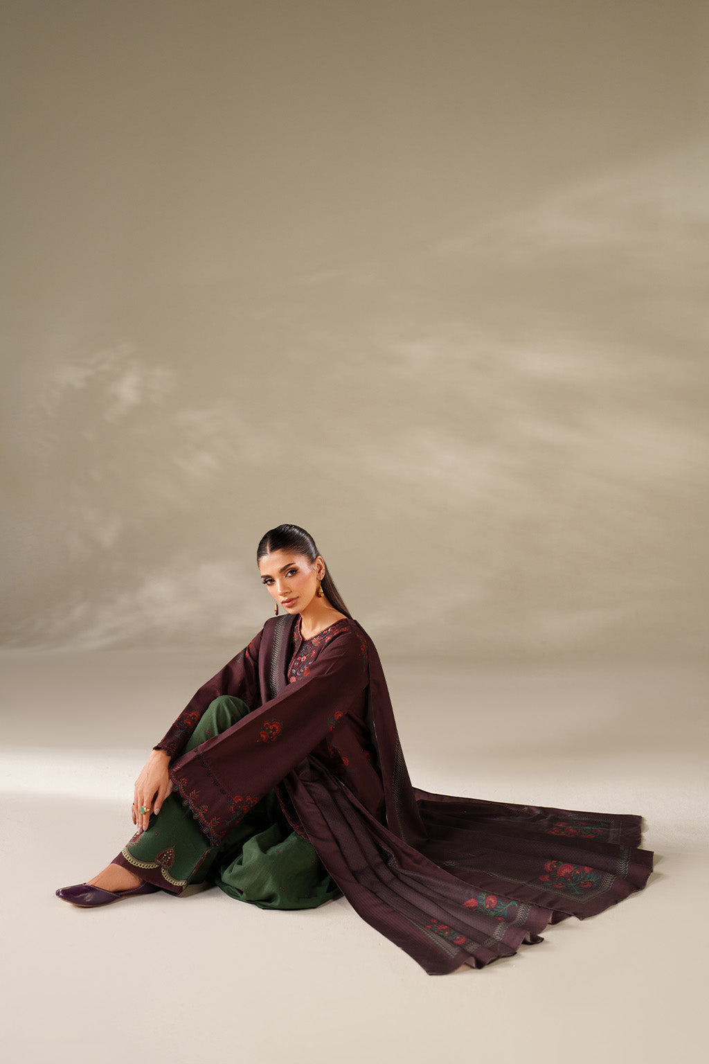 3 Piece - Dhanak Embroidered Suit with Digital Printed Dhanak Shawl (Unstitched)