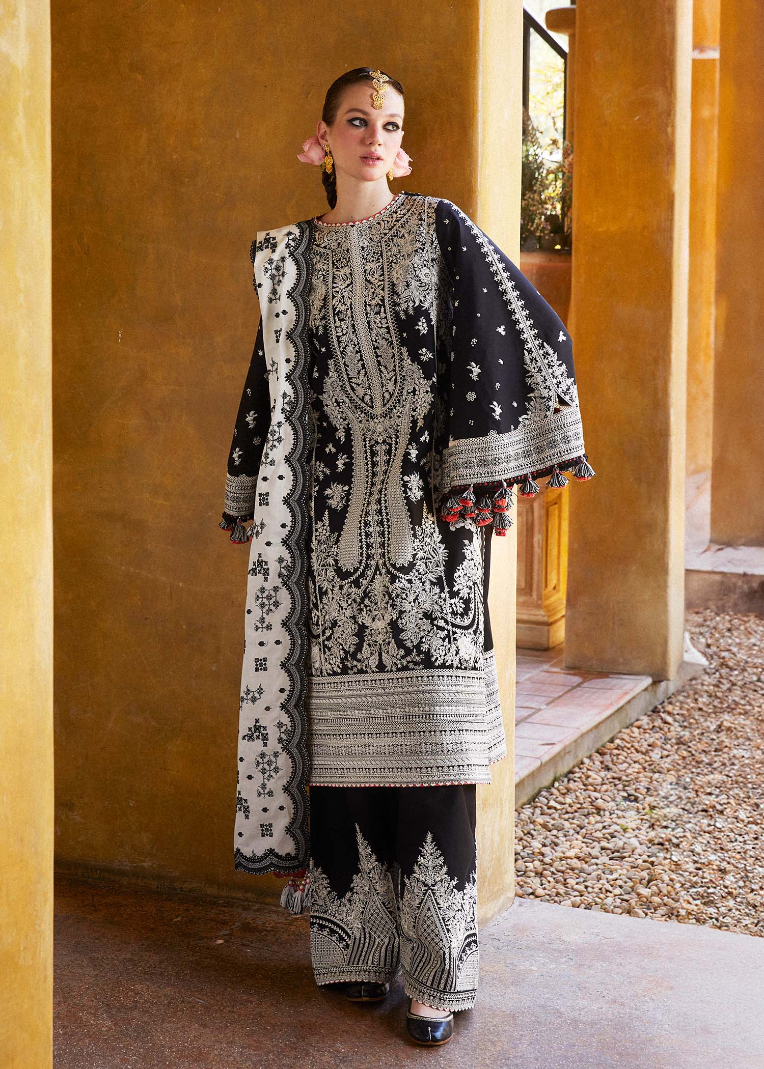 3 Piece - Hussain Rehar Dhanak Full Heavy Embroidered Suit with Khaadi Net Cut Work Embroidered Dupatta (Unstitched)
