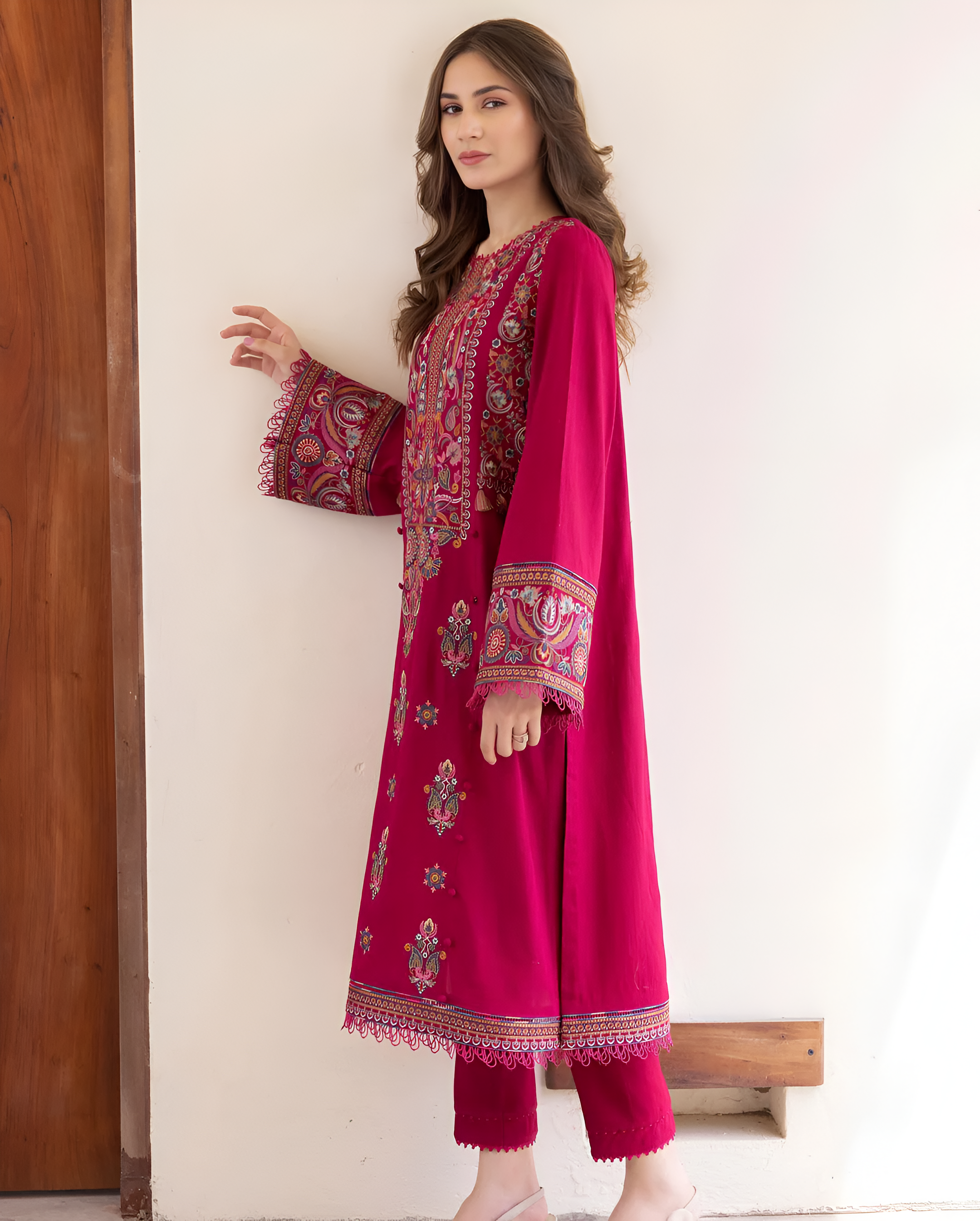 2 Piece - Dhanak Full Embroidered Suit with Heavy Embroidered Sleeves(Unstitched)