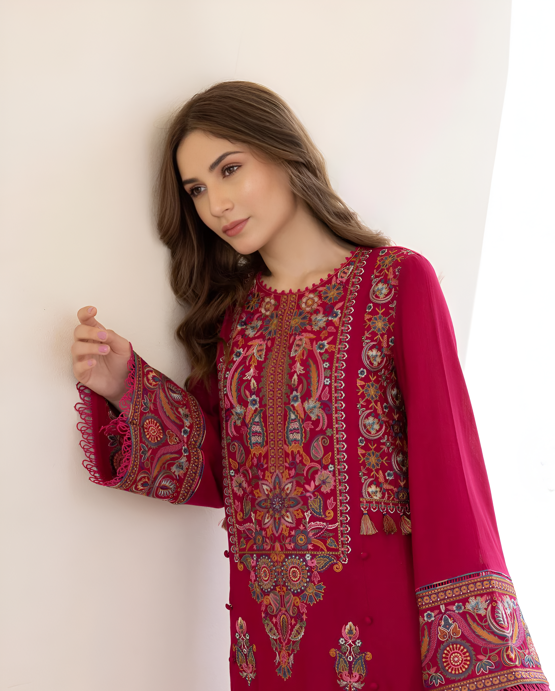 2 Piece - Dhanak Full Embroidered Suit with Heavy Embroidered Sleeves(Unstitched)