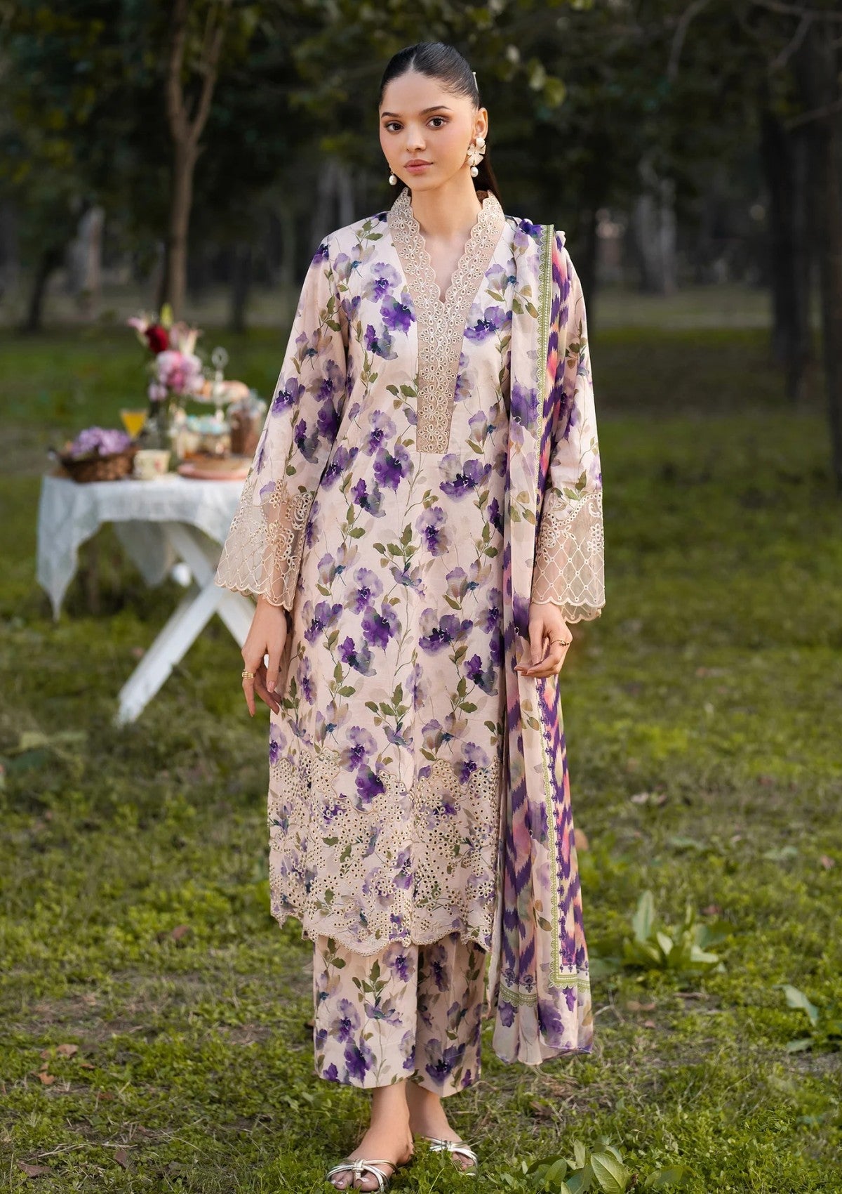 3 Piece - Baroque Linen Full Embroidered Suit with Printed Linen Duppatta (Unstitched)