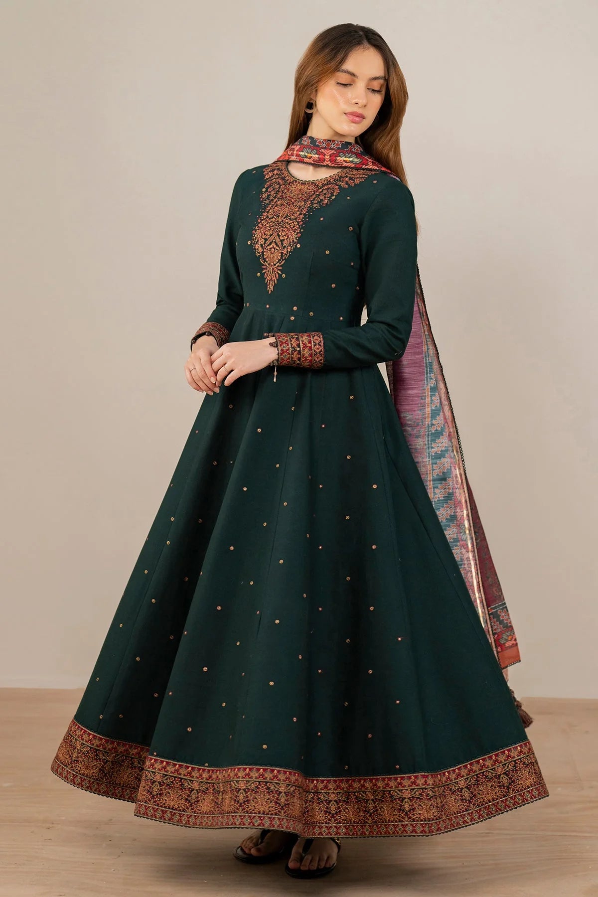 3 Piece - Jazmin Dhanak Embroidered Suit with Digital Wool Shawl (Unstitched)