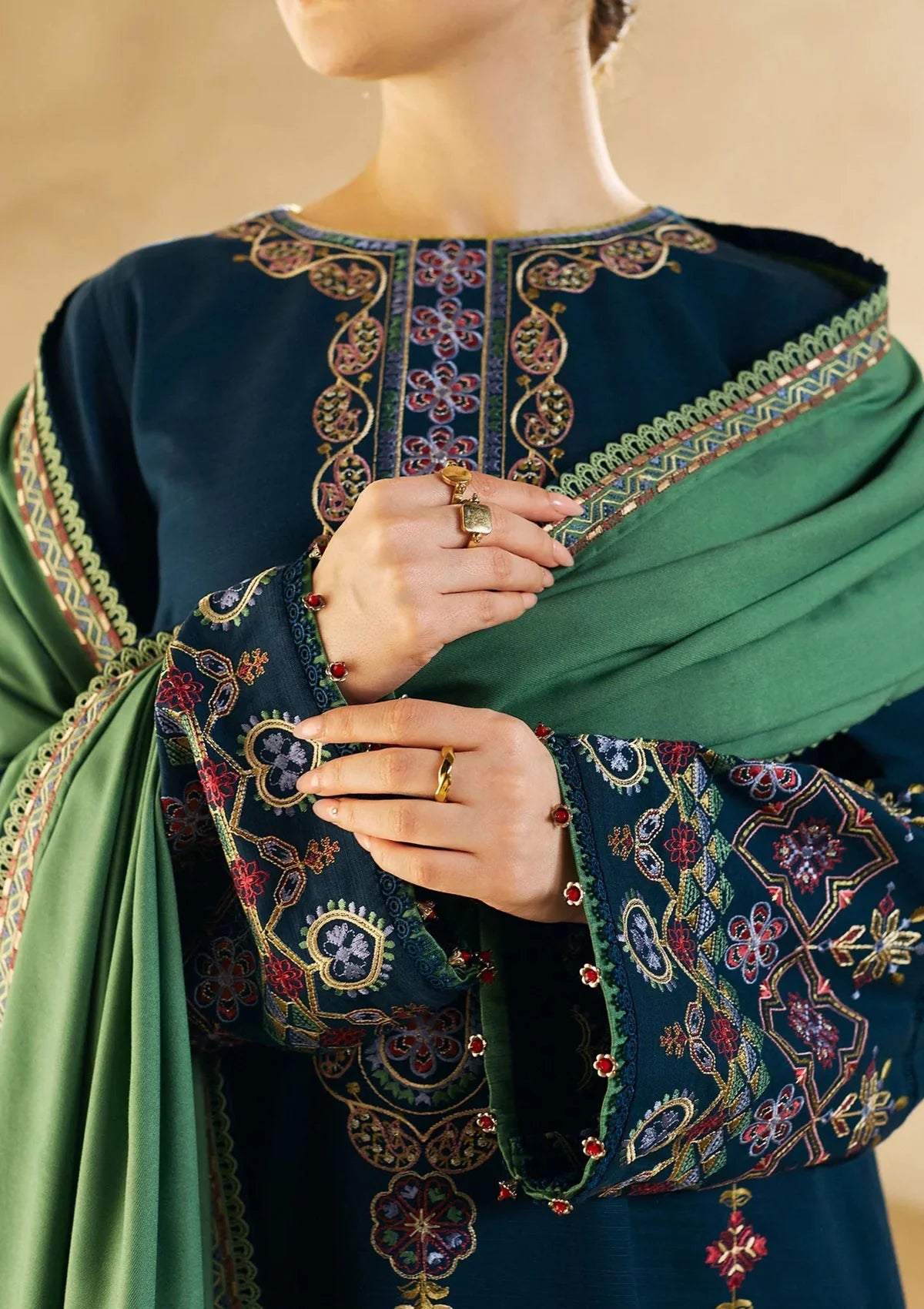 3 Piece - Dhanak Embroidered Suit with Dhanak Embroidered Shawl (Unstitched)