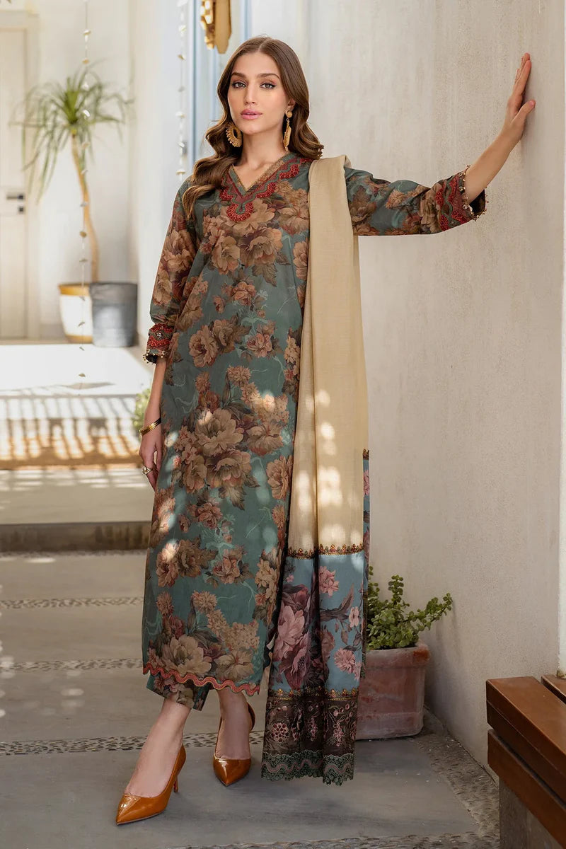 3 Piece - Iznik Khaddar Full Heavy Embroidered Suit with Digital Printed Khaddar Dupatta (Unstitched)