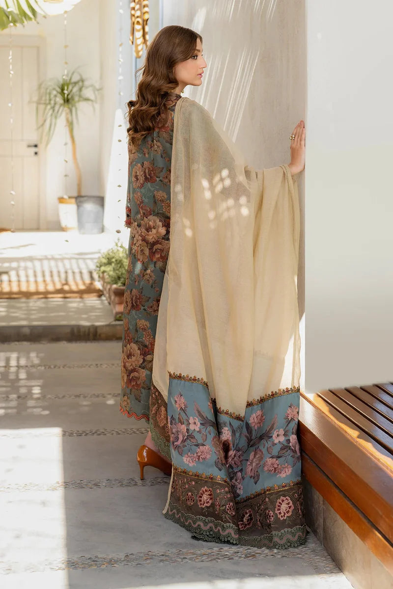 3 Piece - Iznik Khaddar Full Heavy Embroidered Suit with Digital Printed Khaddar Dupatta (Unstitched)
