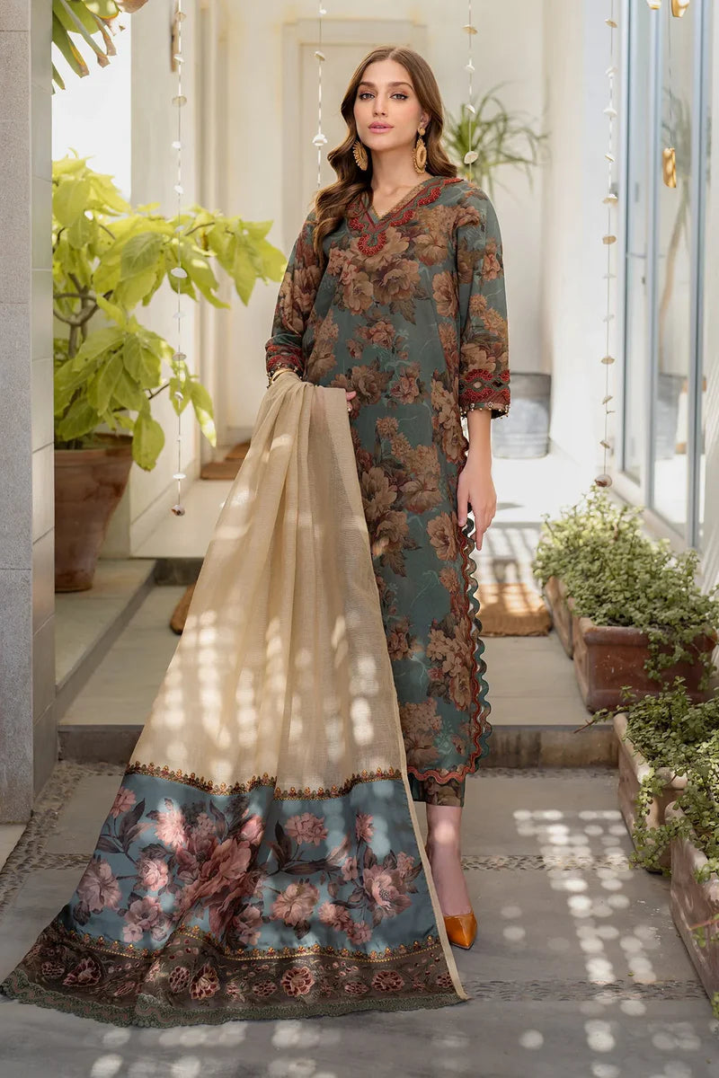 3 Piece - Iznik Khaddar Full Heavy Embroidered Suit with Digital Printed Khaddar Dupatta (Unstitched)