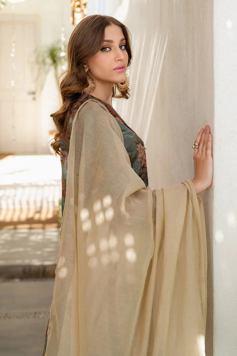 3 Piece - Iznik Khaddar Full Heavy Embroidered Suit with Digital Printed Khaddar Dupatta (Unstitched)