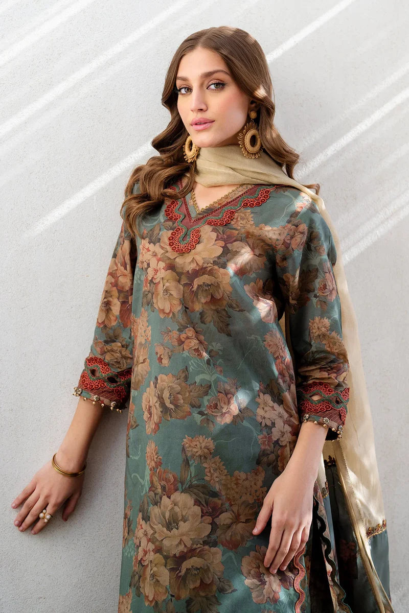 3 Piece - Iznik Khaddar Full Heavy Embroidered Suit with Digital Printed Khaddar Dupatta (Unstitched)