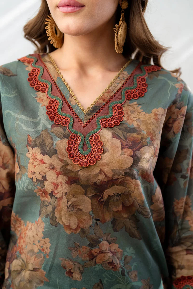3 Piece - Iznik Khaddar Full Heavy Embroidered Suit with Digital Printed Khaddar Dupatta (Unstitched)