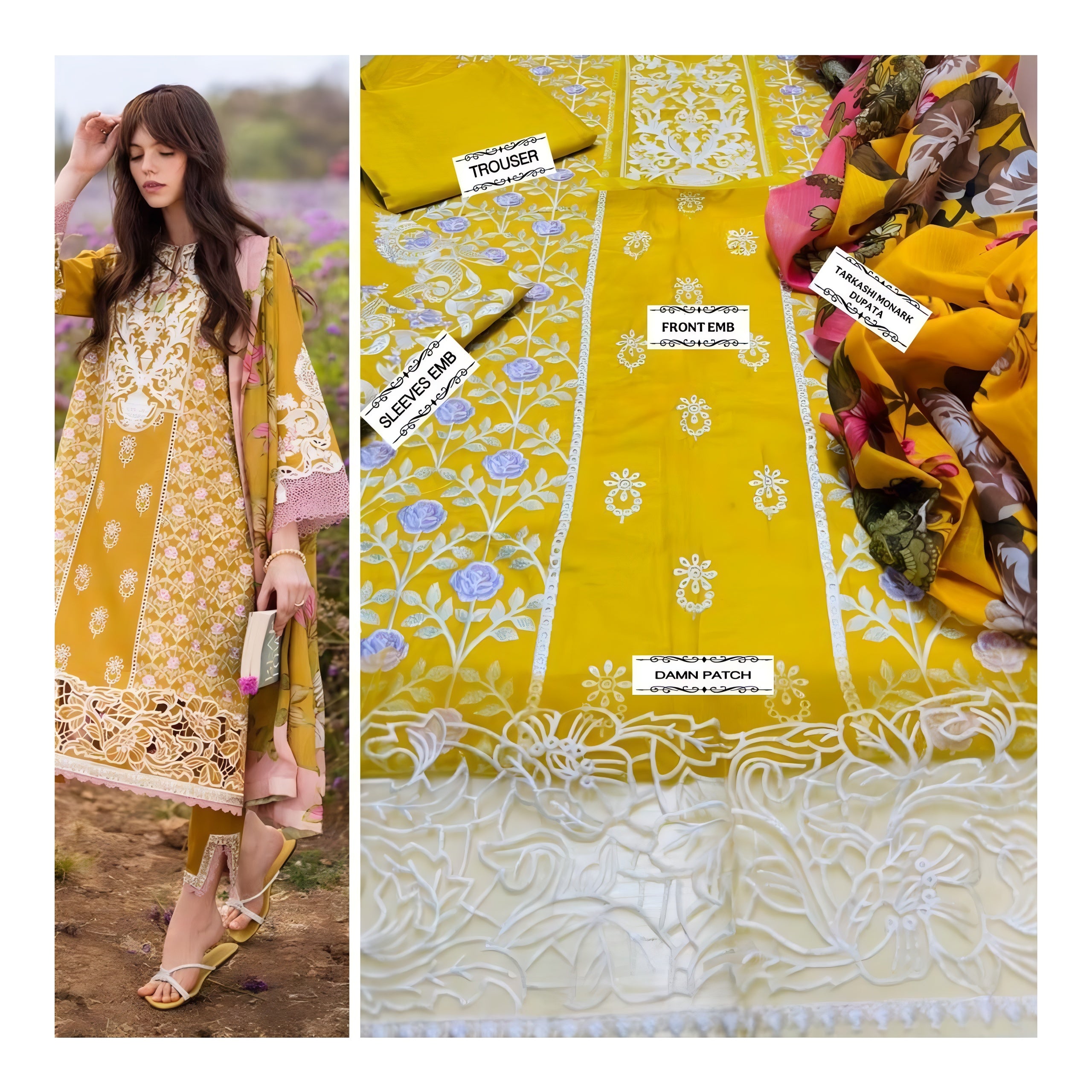 3 Piece -  Lawn Embroidered Suit with Tarkashi Monark Duppatta (Unstitched)