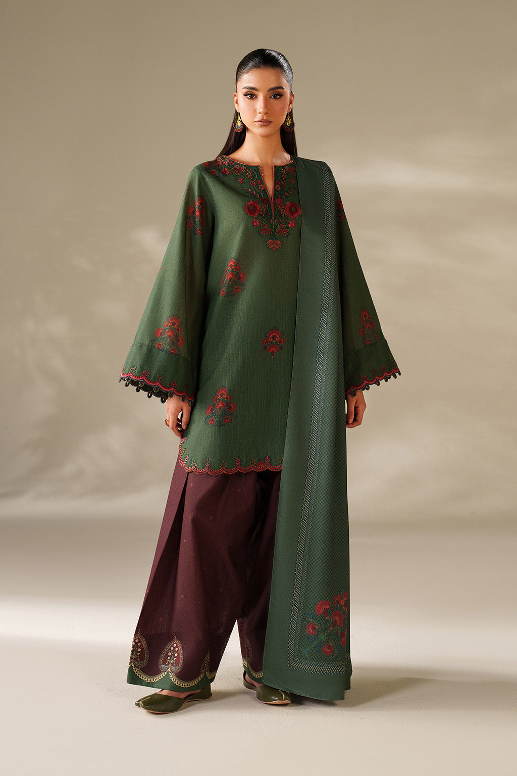 3 Piece - Dhanak Embroidered Suit with Digital Printed Dhanak Shawl (Unstitched)