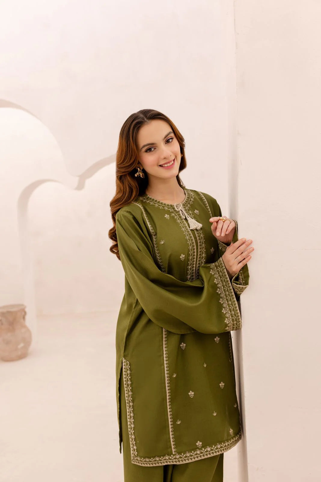 2 Piece - Dhanak Full Heavy Embroidered Suit with Plain Dyed Trouser (Unstitched)