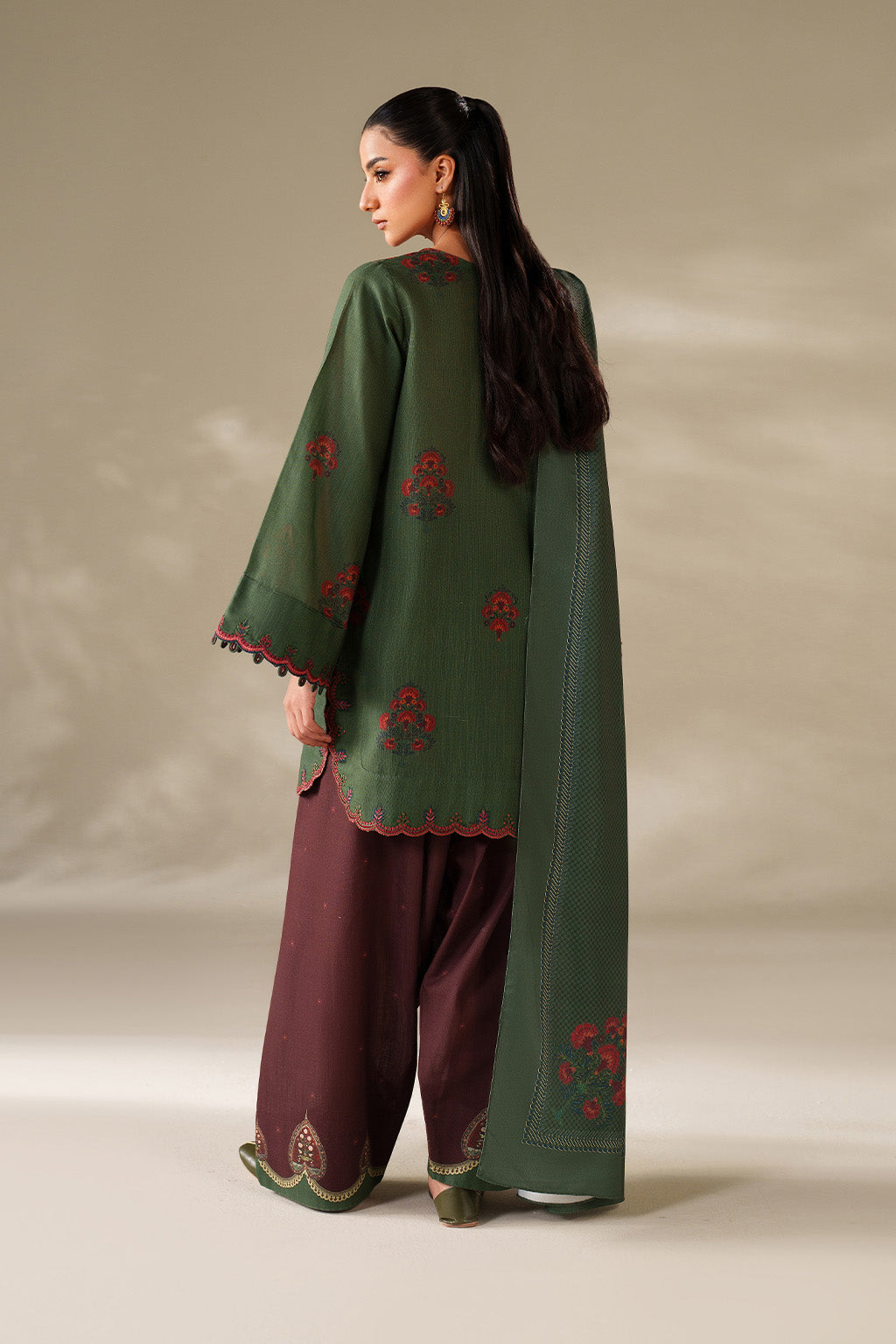 3 Piece - Dhanak Embroidered Suit with Digital Printed Dhanak Shawl (Unstitched)