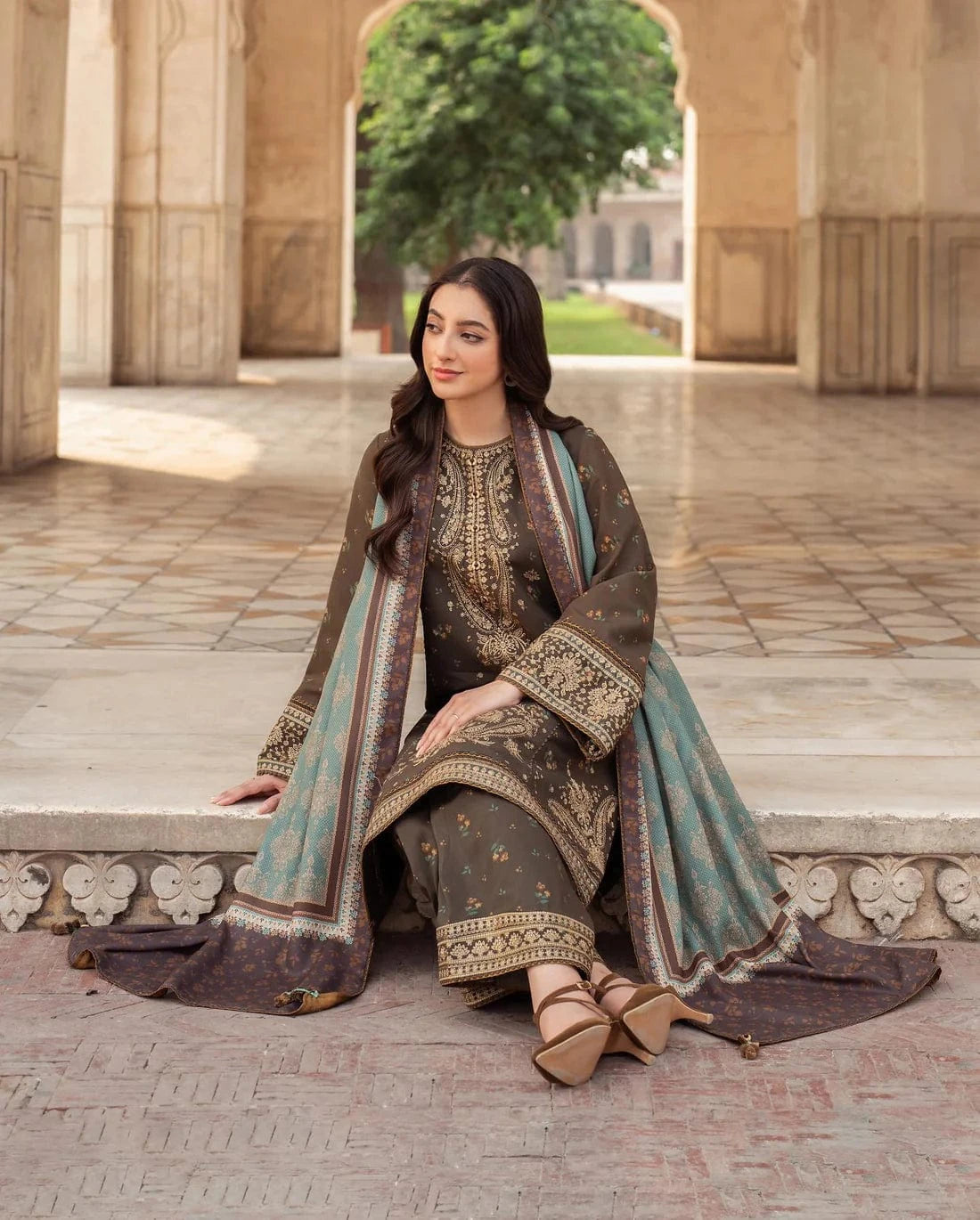 3 Piece - Dhanak Full Heavy Embroidered Suit with Digital Wool Shawl (Unstitched)