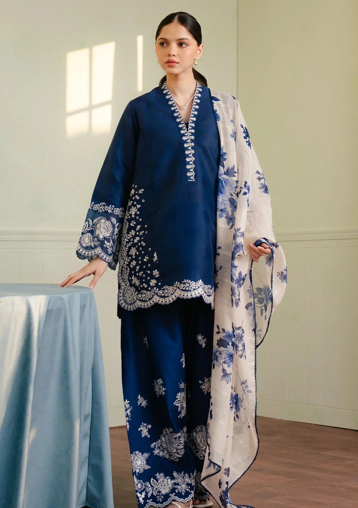3 Piece - Zara Shahjahan Dhanak Full Heavy Embroidered Suit with Digital Printed Soft Pashmina Wool Shawl (Unstitched)