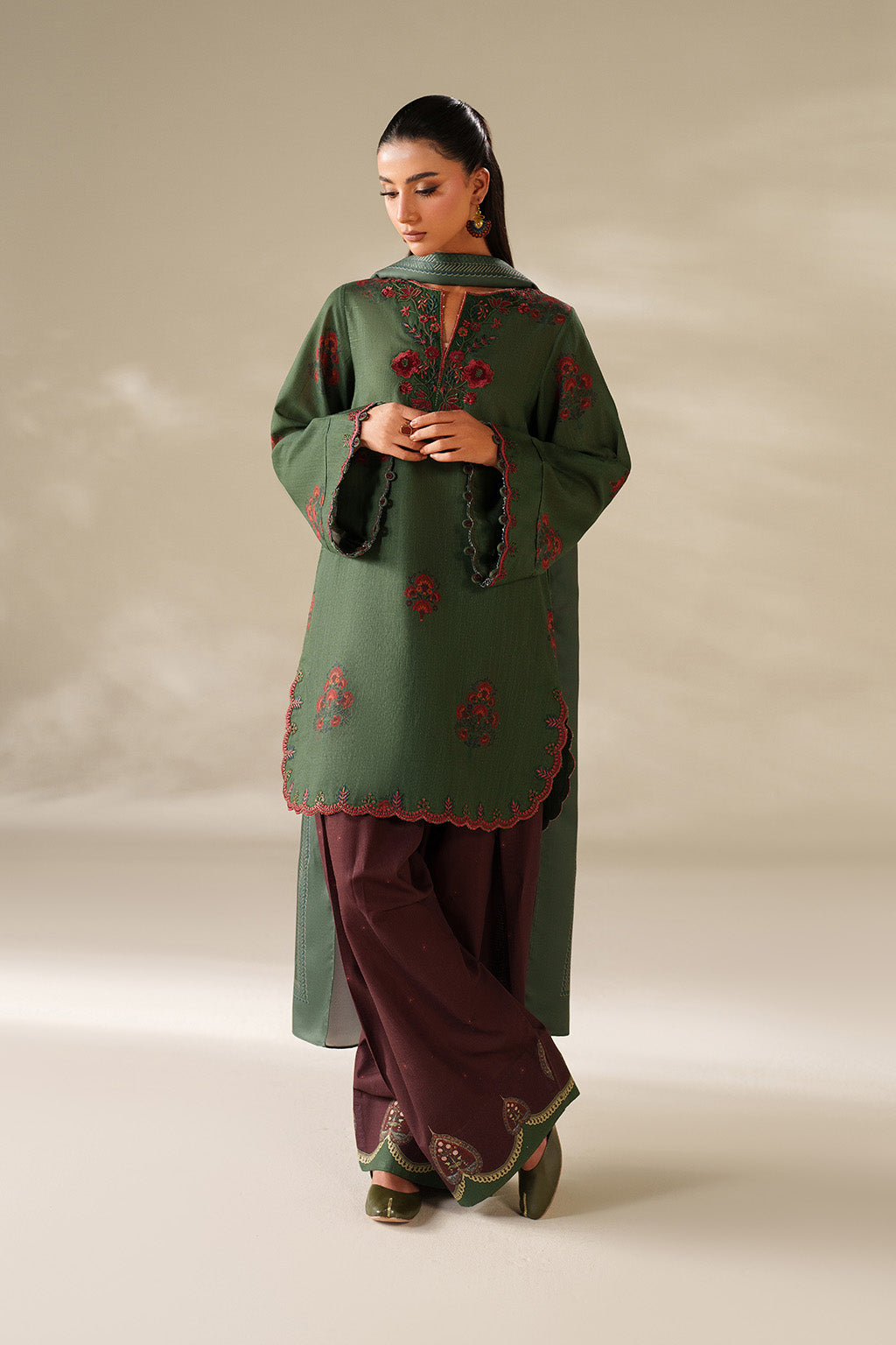3 Piece - Dhanak Embroidered Suit with Digital Printed Dhanak Shawl (Unstitched)