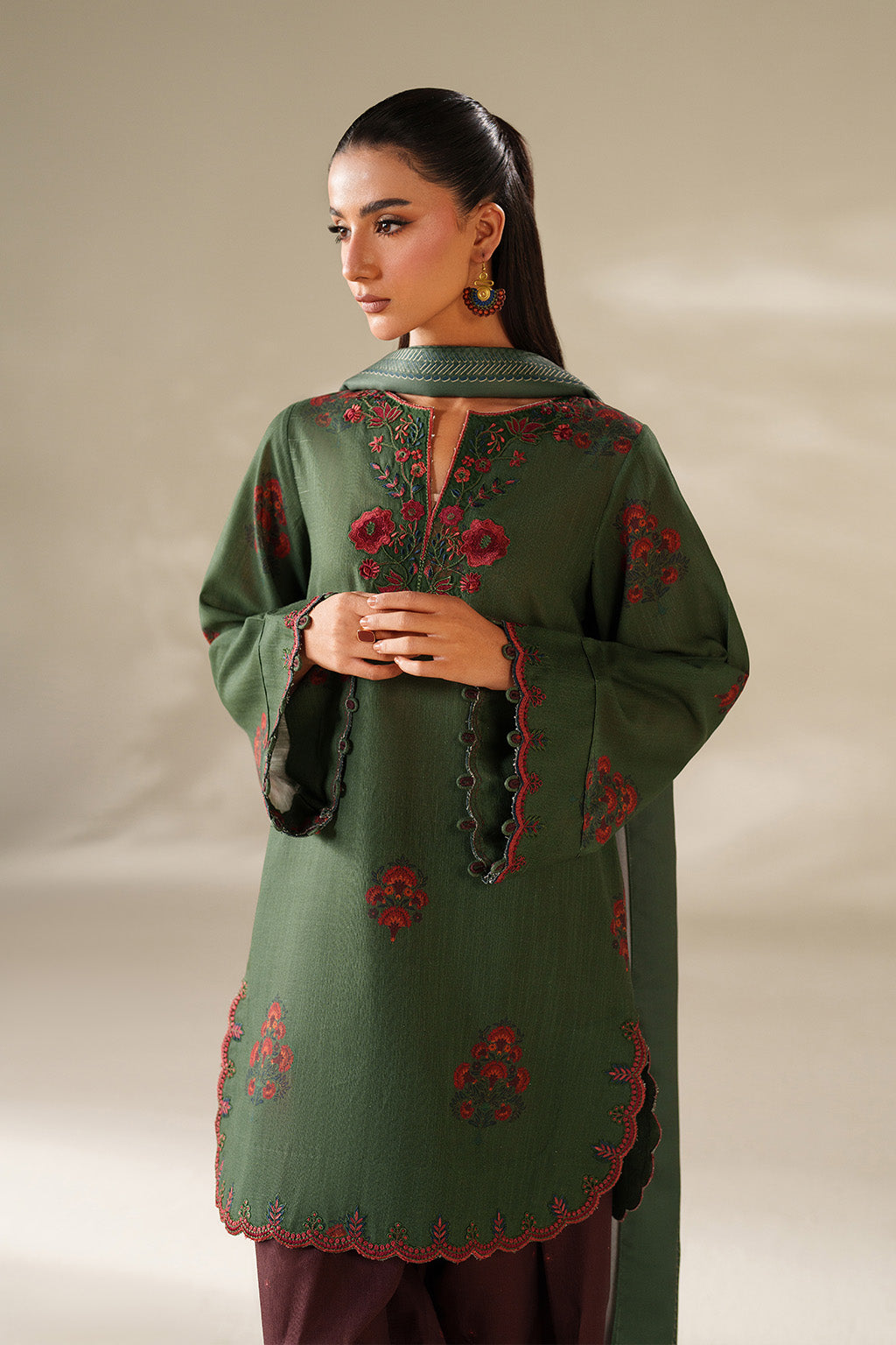 3 Piece - Dhanak Embroidered Suit with Digital Printed Dhanak Shawl (Unstitched)