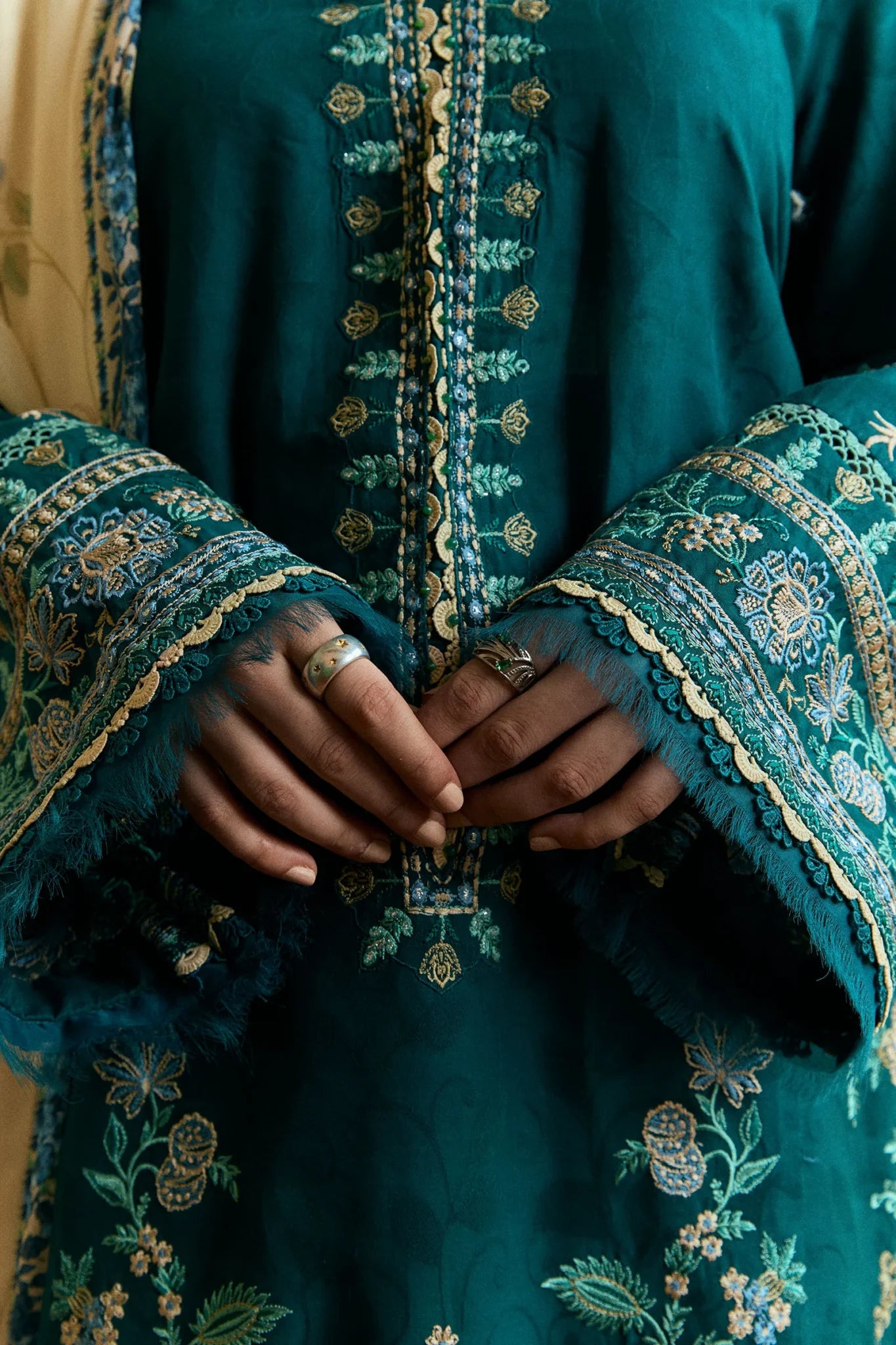 3 Piece - Dhanak Embroidered Suit with Wool Printed Shawl (Unstitched)