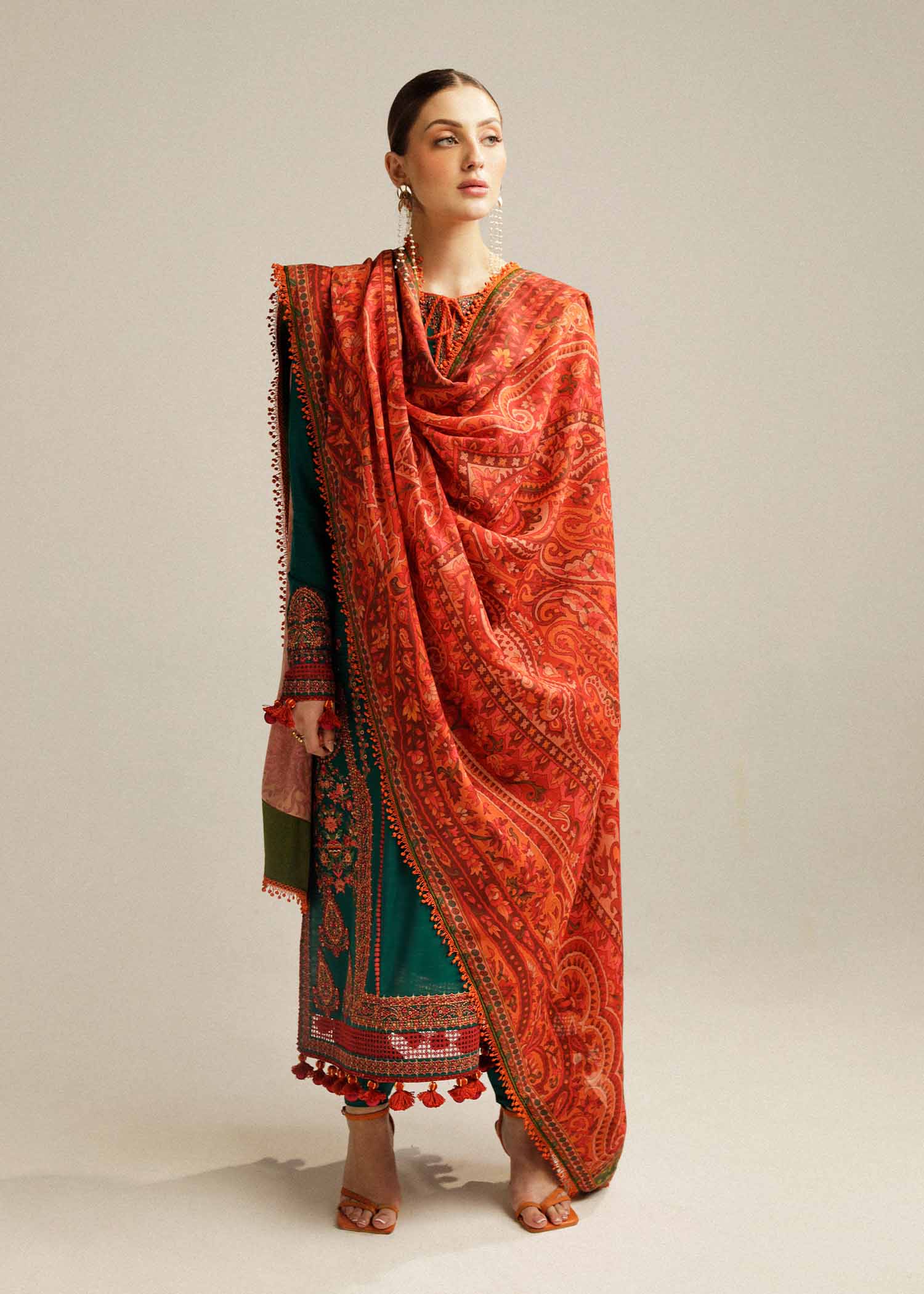 3 Piece - Dhanak Embroidered Suit with Dhanak Digital Printed Shawl (Unstitched)