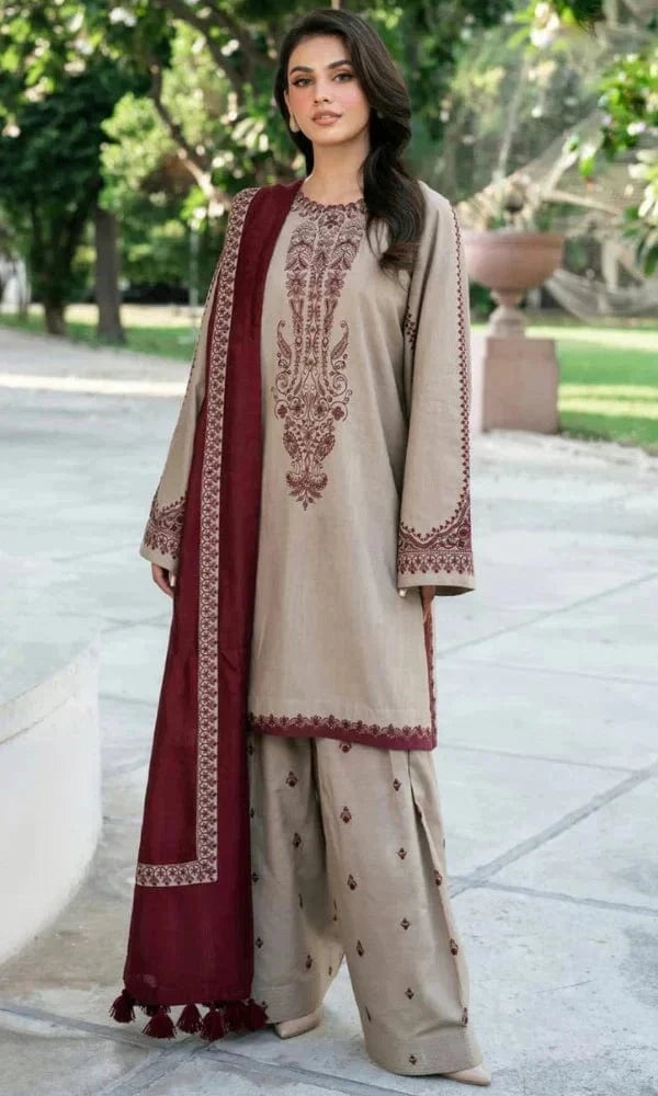 3 Piece - Dhanak Full Heavy Embroidered Suit with Dyed Dupatta with Full Shawl Patch (Unstitched)
