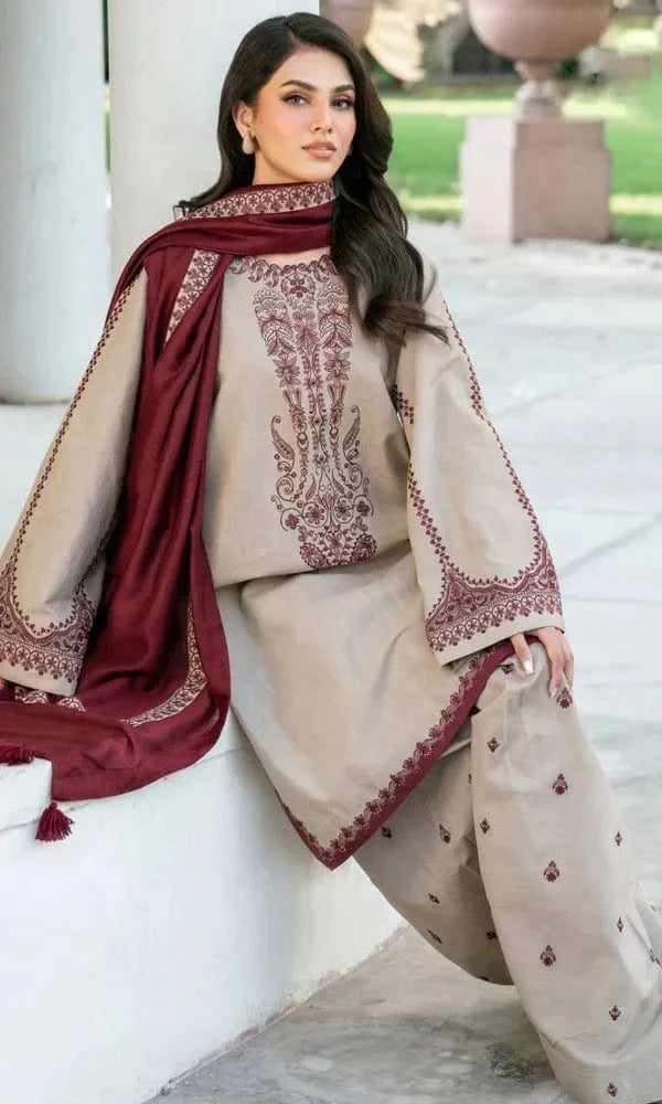 3 Piece - Dhanak Full Heavy Embroidered Suit with Dyed Dupatta with Full Shawl Patch (Unstitched)