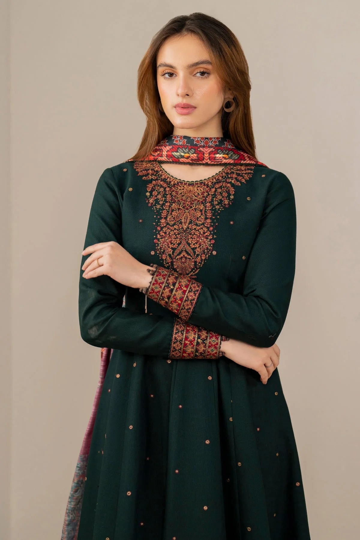 3 Piece - Jazmin Dhanak Embroidered Suit with Digital Wool Shawl (Unstitched)