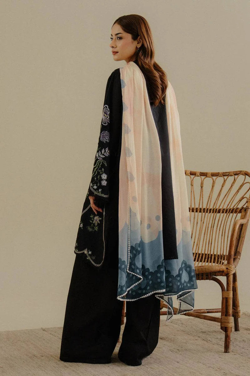 3 Piece - Zara Shahjahan Dhanak Embroidered Suit with Digital Printed Pashmina Shawl (Unstitched)