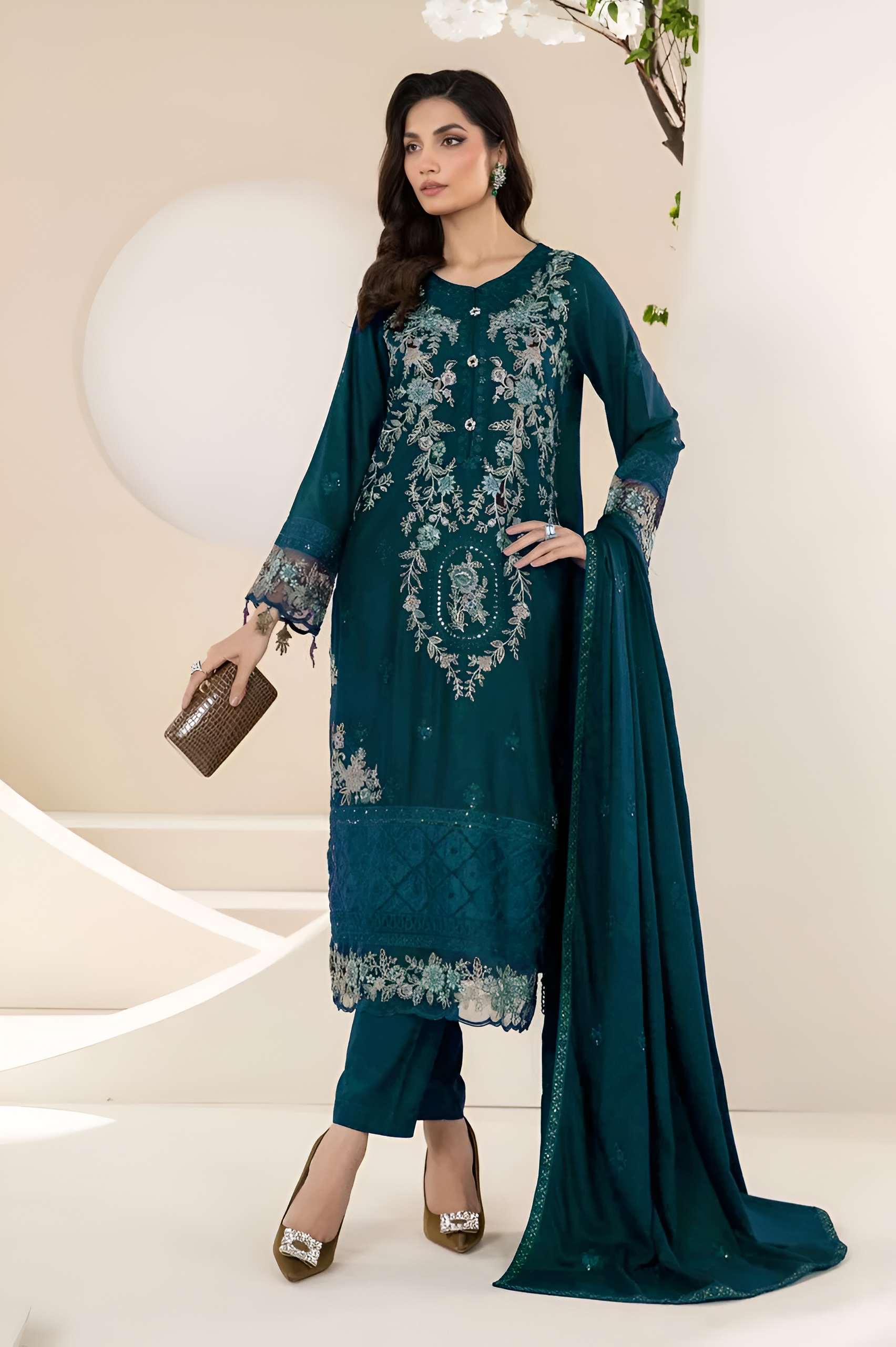 3 Piece - Maria B Dhanak Embroidered Suit with Dhanak Heavy Embroidered Shawl (Unstitched)