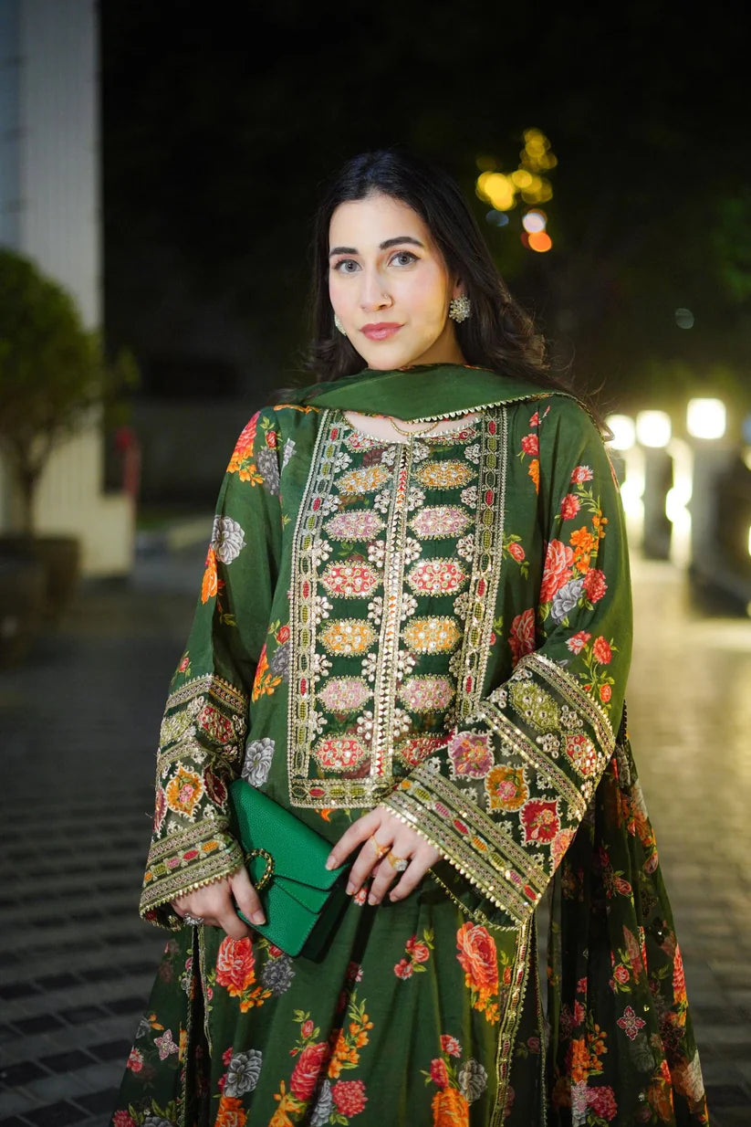 3 Piece - Silk Heavy Embroidered Suit with Silk Digital Print Embroidered Duppatta (Unstitched)