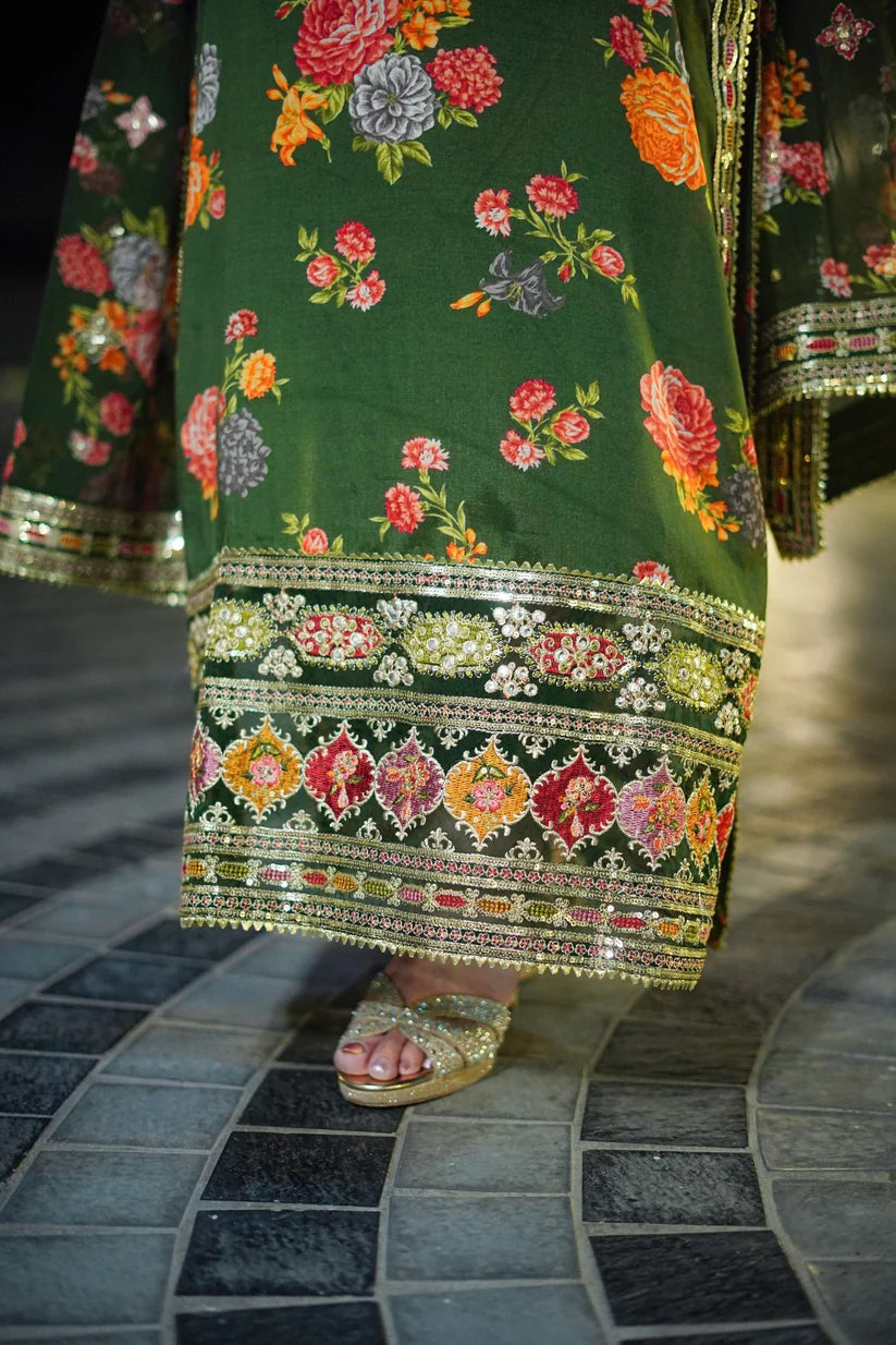 3 Piece - Silk Heavy Embroidered Suit with Silk Digital Print Embroidered Duppatta (Unstitched)