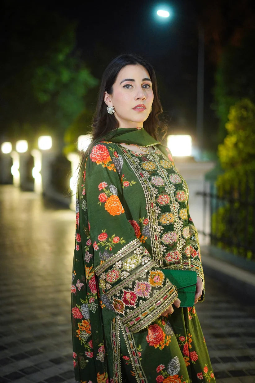 3 Piece - Silk Heavy Embroidered Suit with Silk Digital Print Embroidered Duppatta (Unstitched)