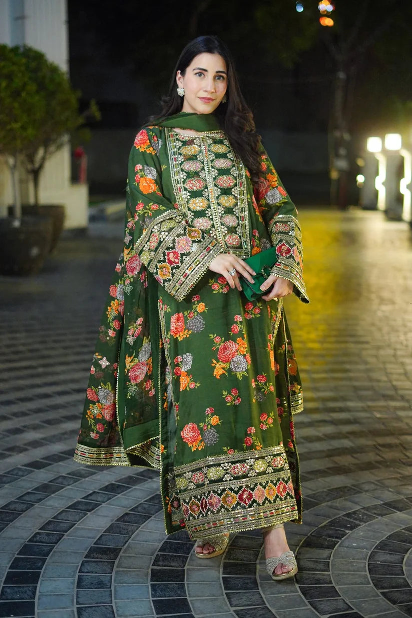 3 Piece - Silk Heavy Embroidered Suit with Silk Digital Print Embroidered Duppatta (Unstitched)