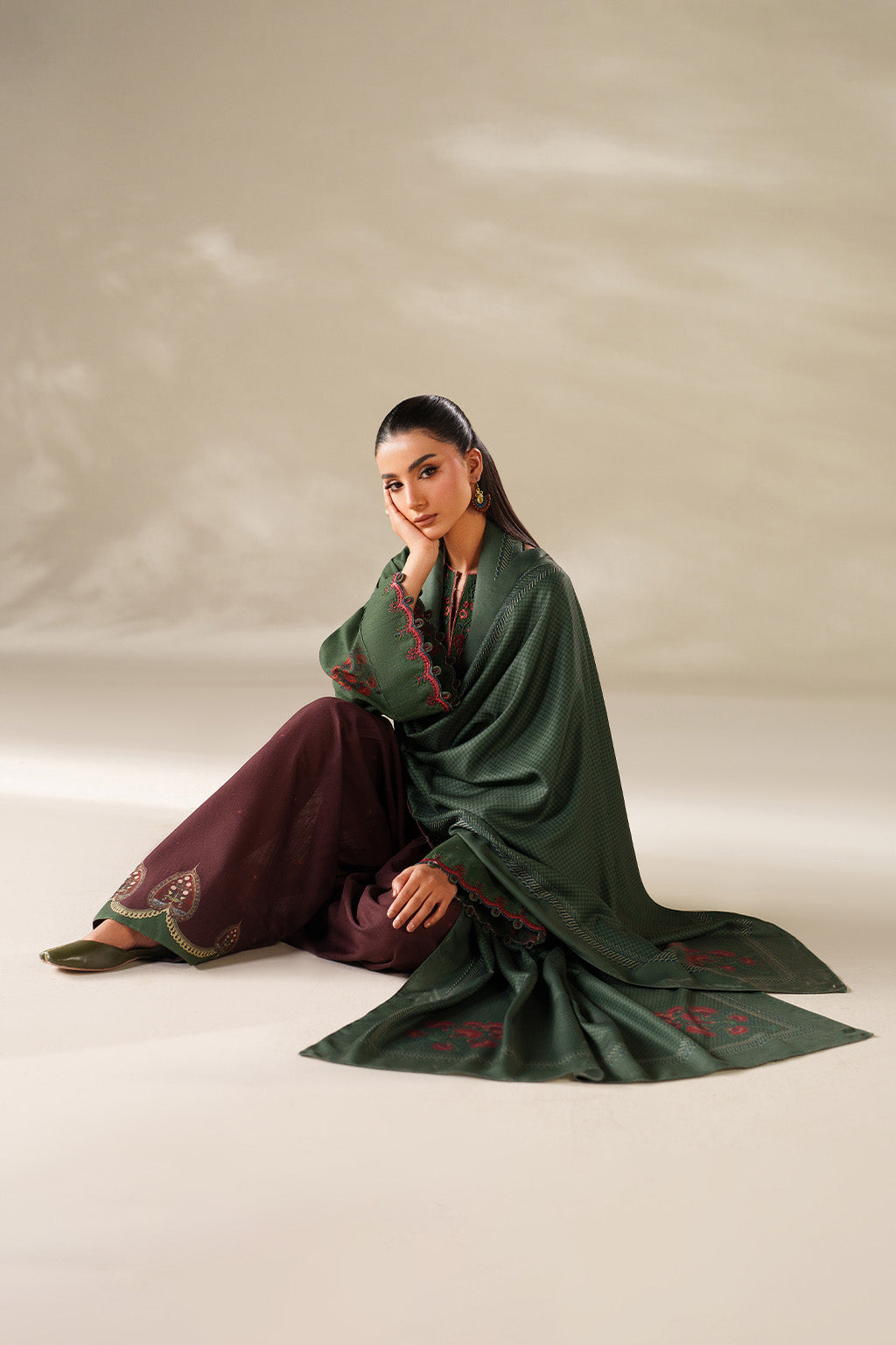 3 Piece - Dhanak Embroidered Suit with Digital Printed Dhanak Shawl (Unstitched)