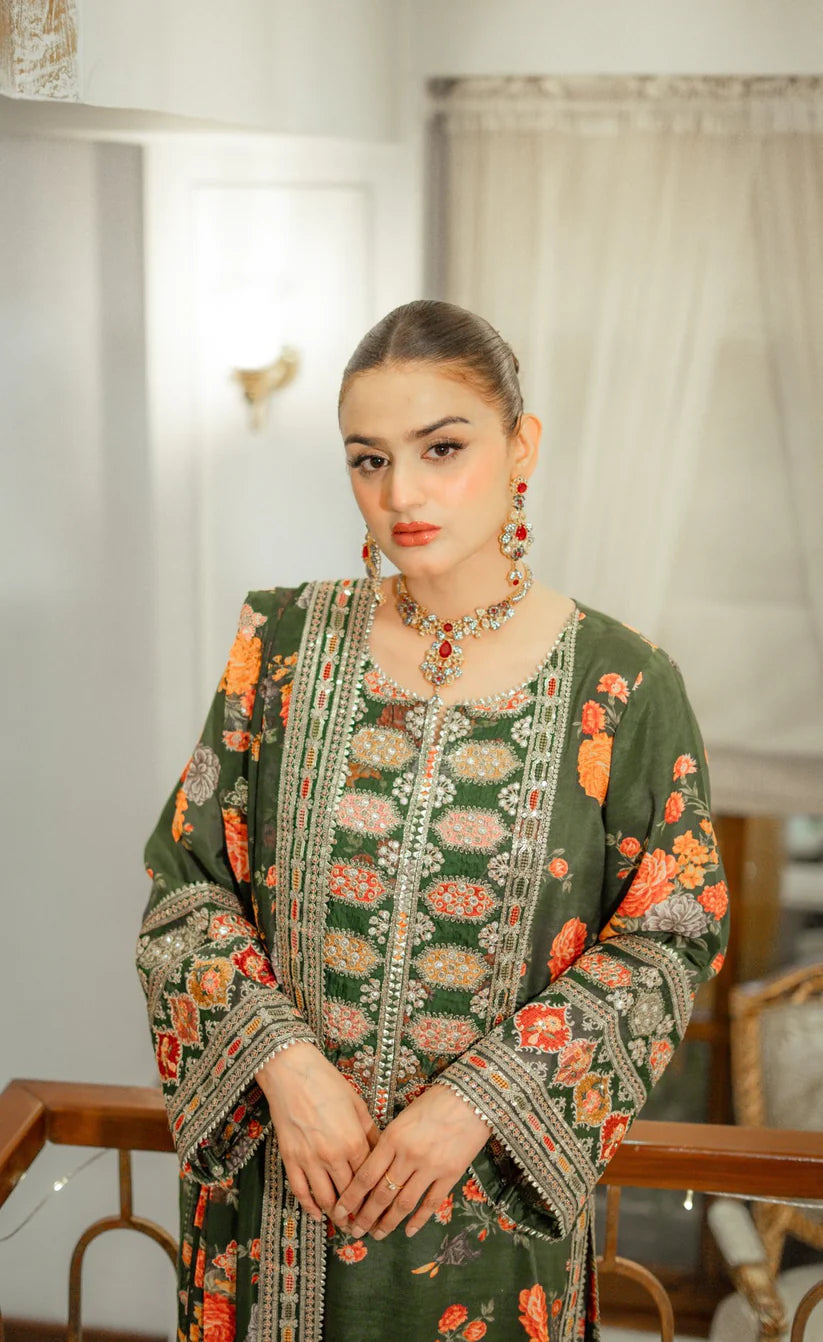 3 Piece - Silk Heavy Embroidered Suit with Silk Digital Print Embroidered Duppatta (Unstitched)