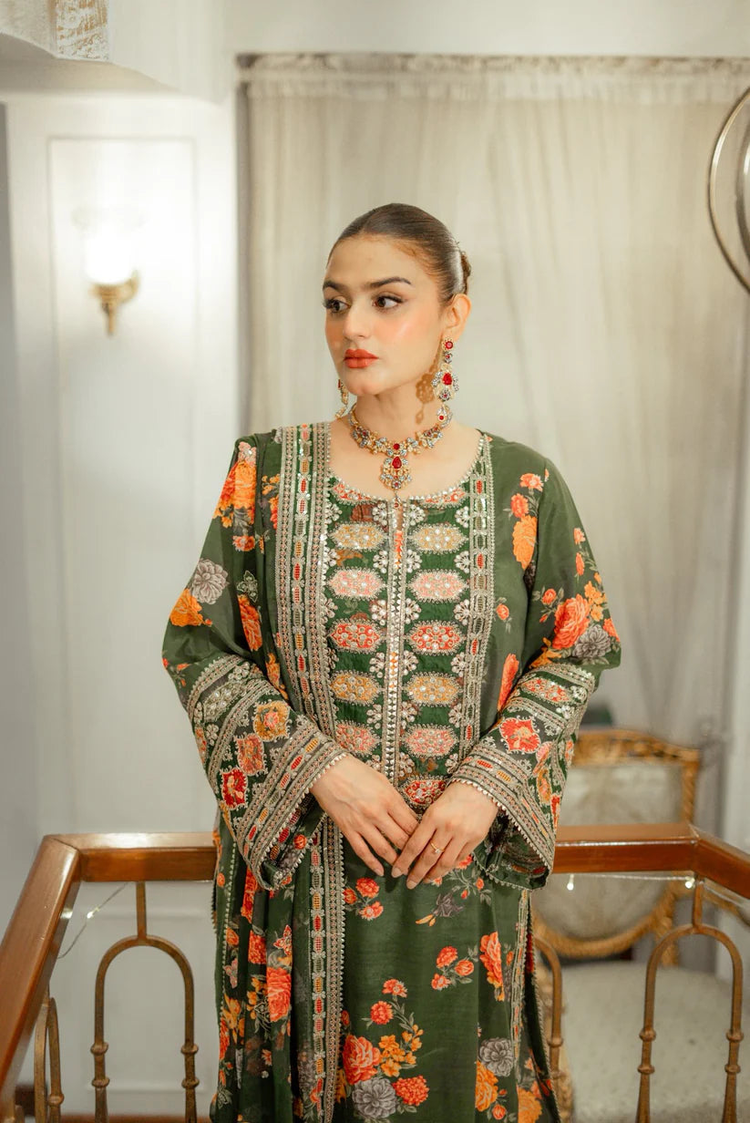 3 Piece - Silk Heavy Embroidered Suit with Silk Digital Print Embroidered Duppatta (Unstitched)