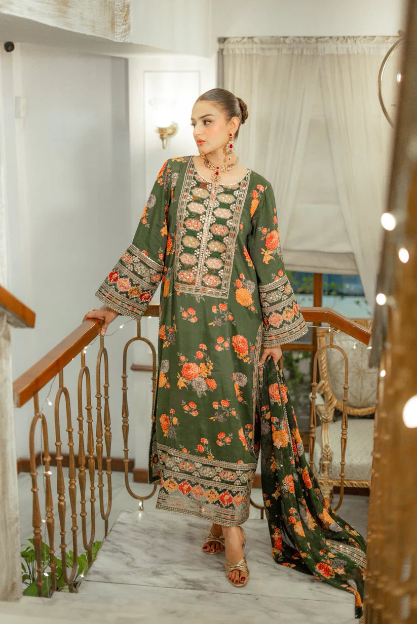 3 Piece - Silk Heavy Embroidered Suit with Silk Digital Print Embroidered Duppatta (Unstitched)