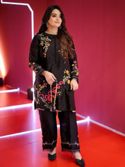 2 Piece - Dhanak Embroidered Suit with Plain Dyed Dhanak Trouser (Unstitched)