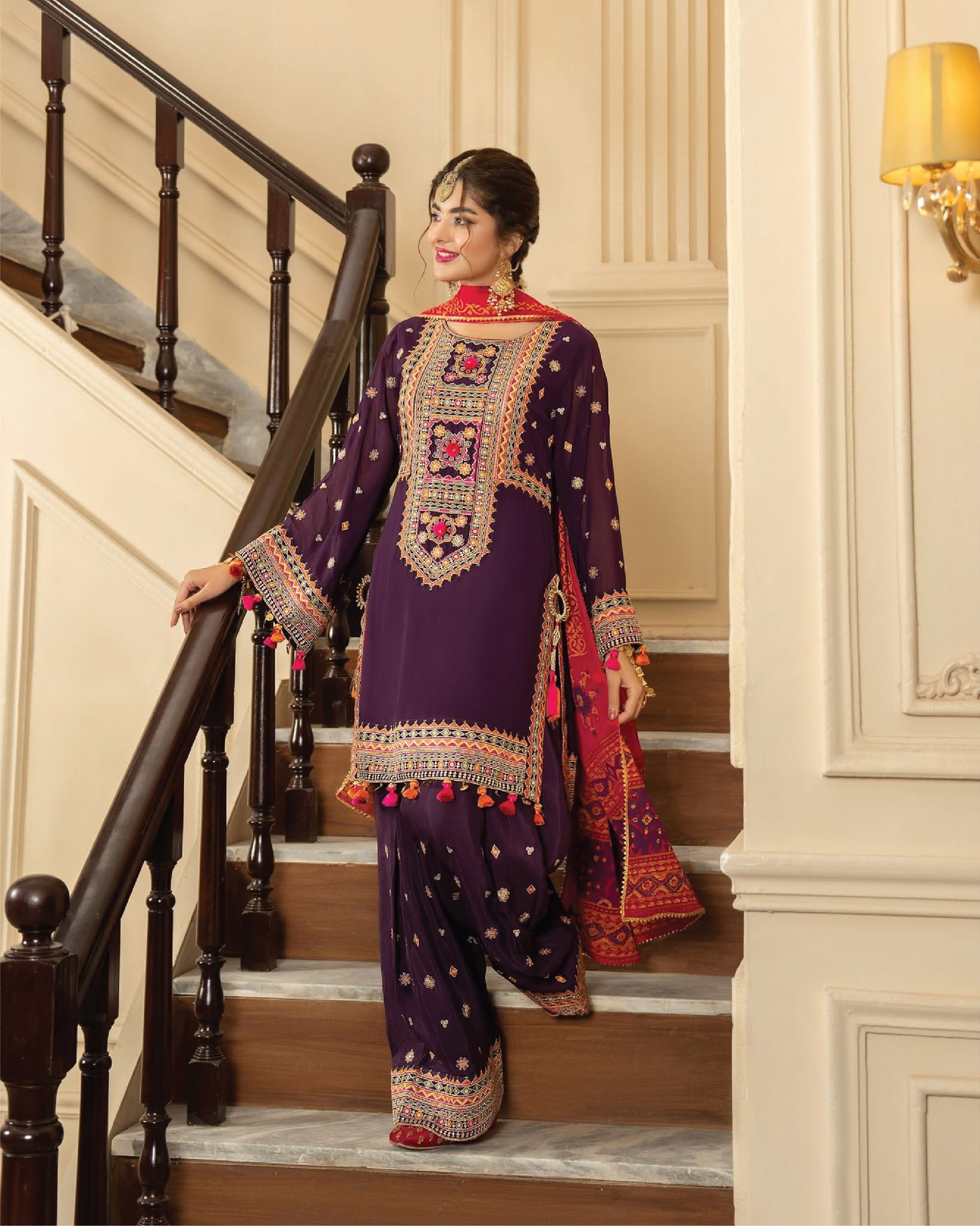 3 Piece - Dhanak Embroidered Suit with Dhanak Digital Printed Shawl (Unstitched)
