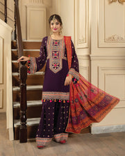 3 Piece - Dhanak Embroidered Suit with Dhanak Digital Printed Shawl (Unstitched)