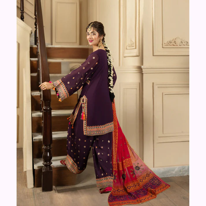 3 Piece - Dhanak Embroidered Suit with Dhanak Digital Printed Shawl (Unstitched)