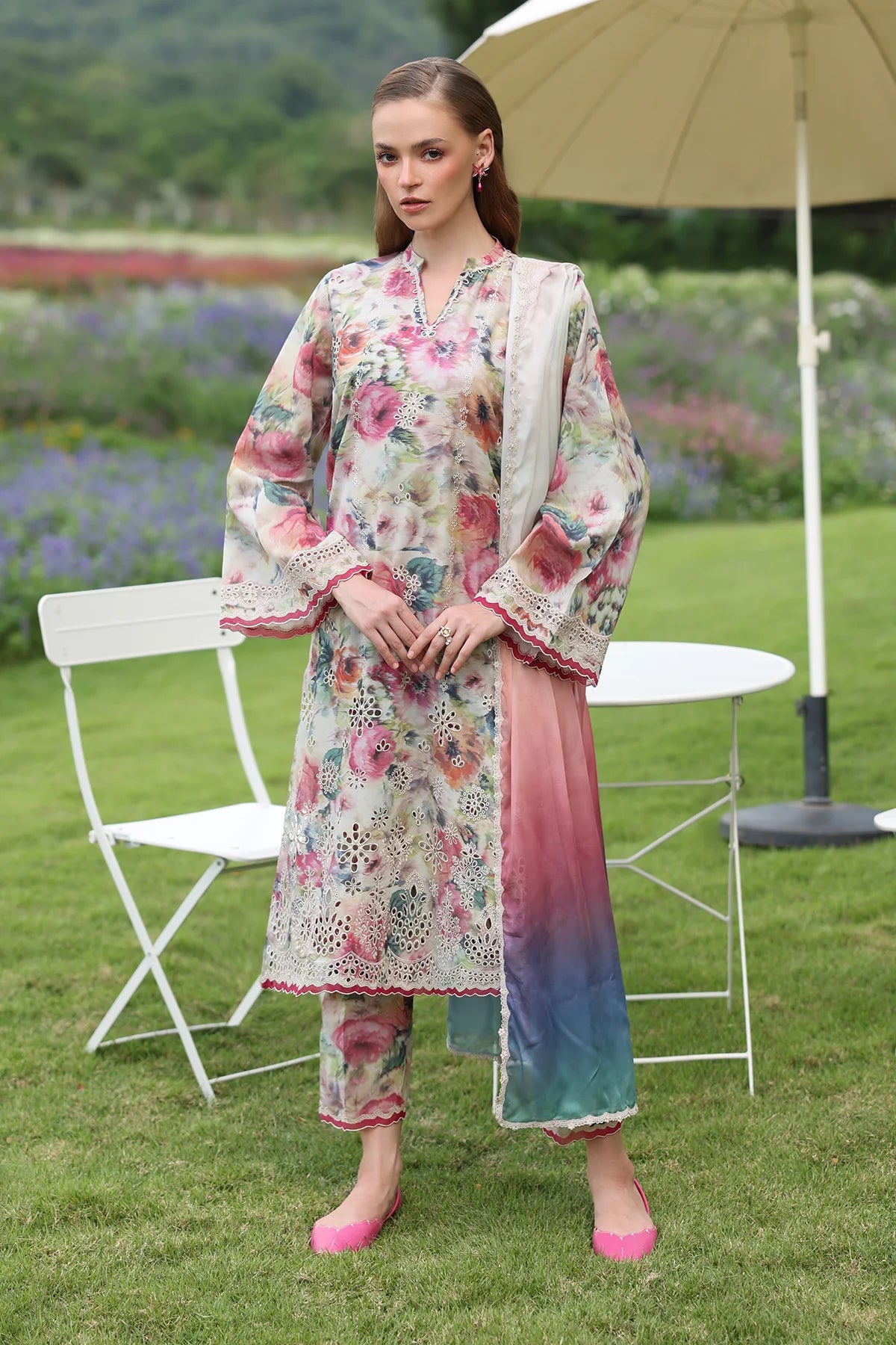 3 Piece - Baroque Khaddar Chikankari Embroidered Suit with Digital Printed Khaddar Shawl (Unstitched)