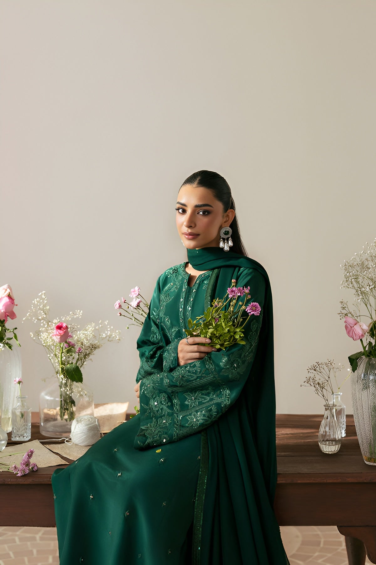 3 Piece - Dhanak Embroidered Suit with Dhank Embroidered Shesha Soft Shawl (Unstitched)