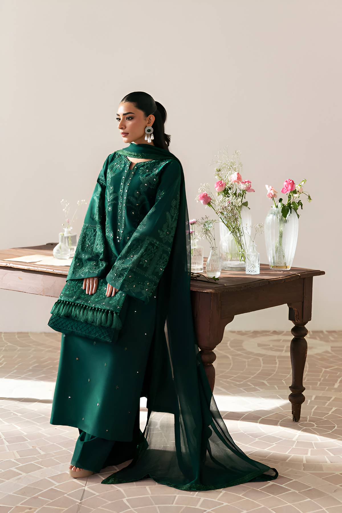 3 Piece - Dhanak Embroidered Suit with Dhank Embroidered Shesha Soft Shawl (Unstitched)