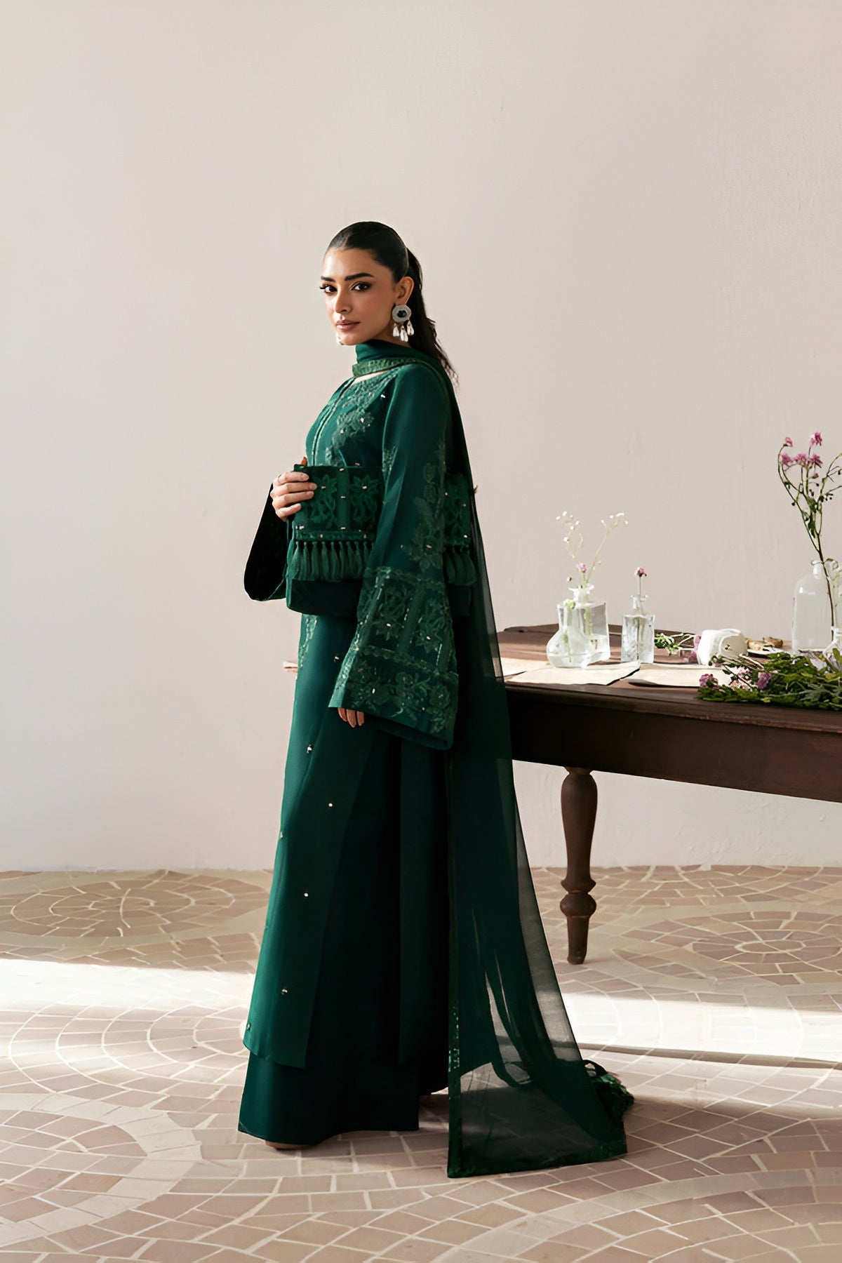3 Piece - Dhanak Embroidered Suit with Dhank Embroidered Shesha Soft Shawl (Unstitched)