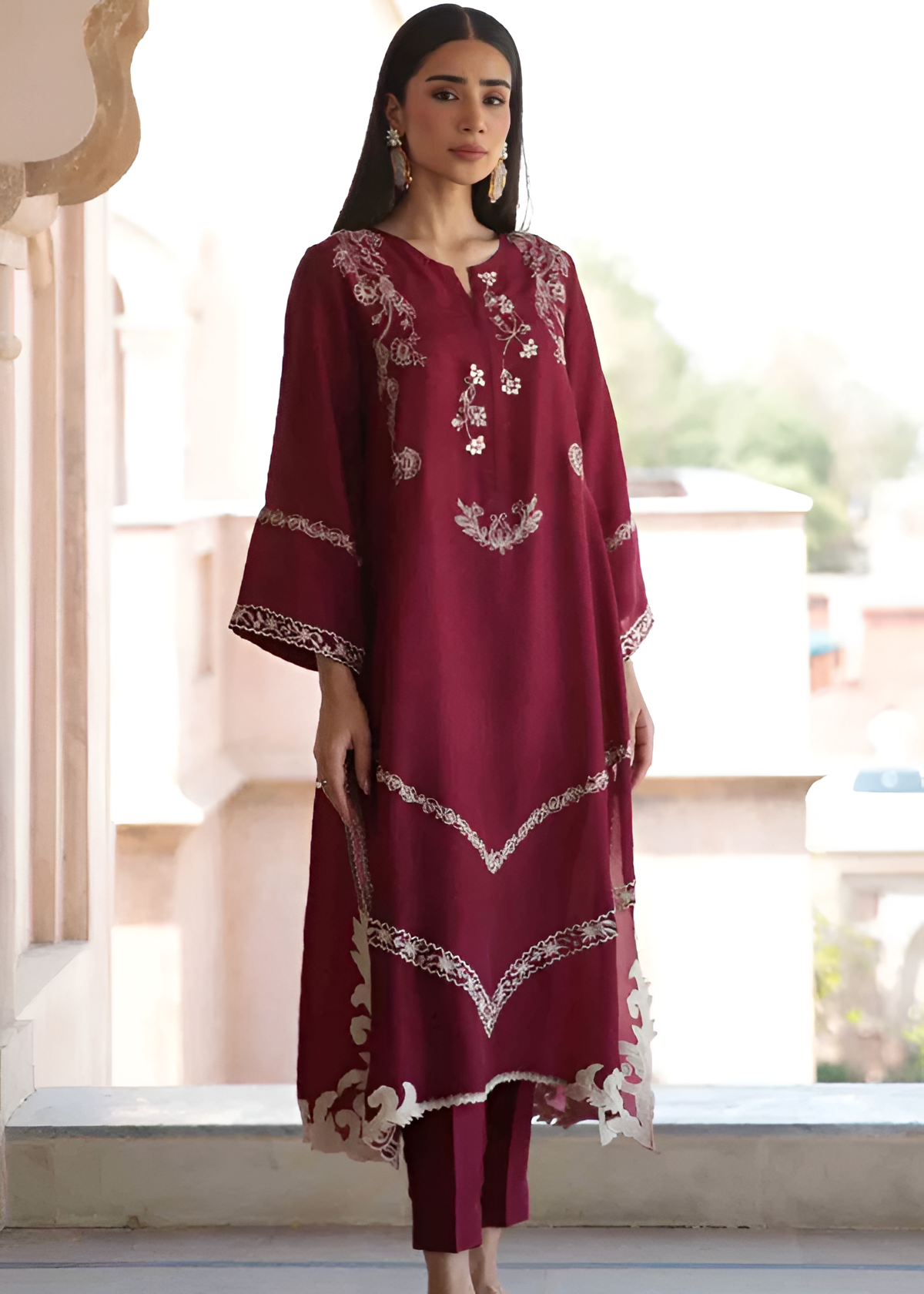 2 Piece - Dhanak Full Embroidered Suit with Heavy Embroidered Sleeves(Unstitched)